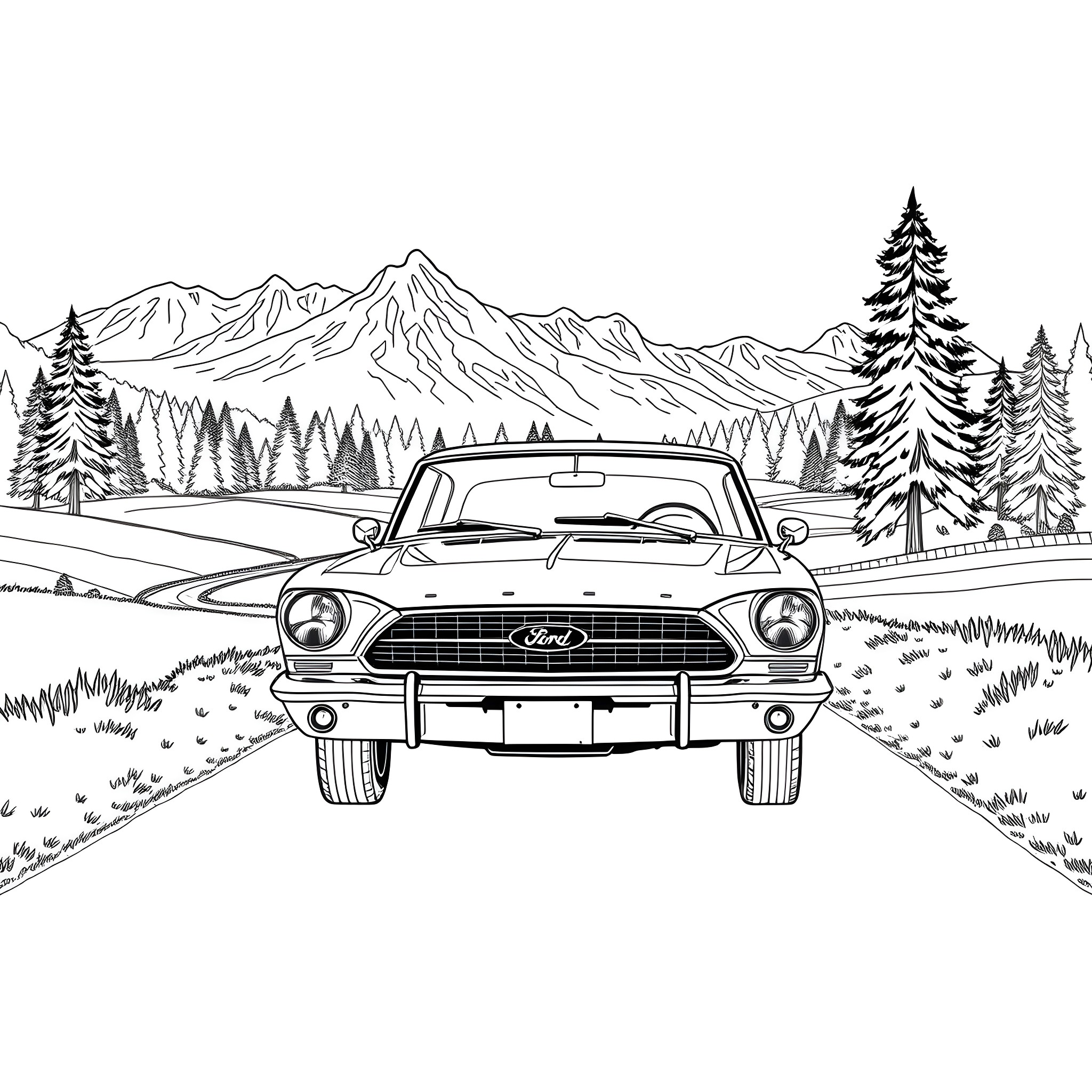 Ford Mustang driving through scenic mountain landscape Coloring Page (free black-and-white line drawing printable PDF for all, from beginners to advanced learners, including children, teens, adults, and seniors)