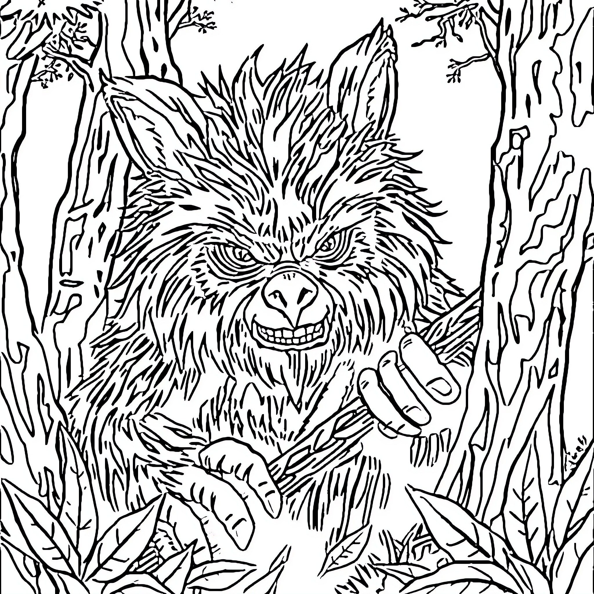 Ewok Peeking Through the Foliage Coloring Page (free black-and-white line drawing printable PDF for all, from beginners to advanced learners, including children, teens, adults, and seniors)