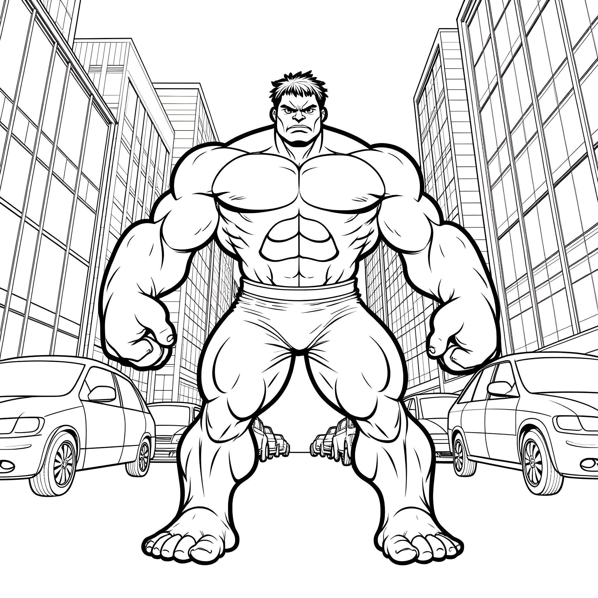 Hulk Unleashing Strength in the City Coloring Page (free black-and-white line drawing printable PDF for all, from beginners to advanced learners, including children, teens, adults, and seniors)