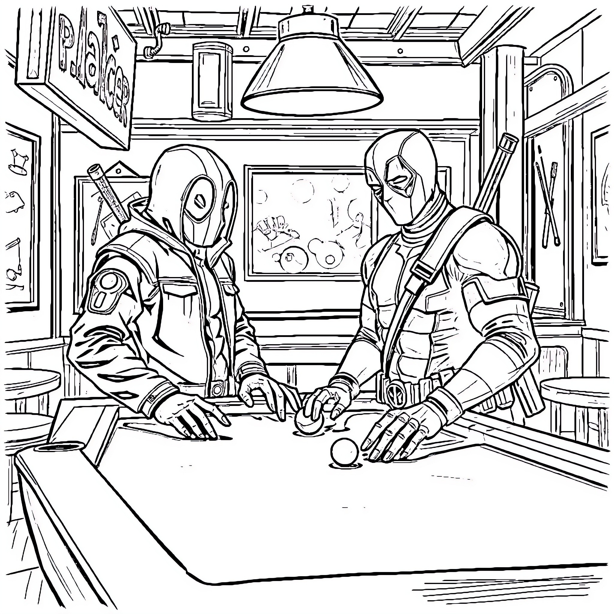 Peacemaker's tactical discussion in the war room Coloring Page (free black-and-white line drawing printable PDF for all, from beginners to advanced learners, including children, teens, adults, and seniors)