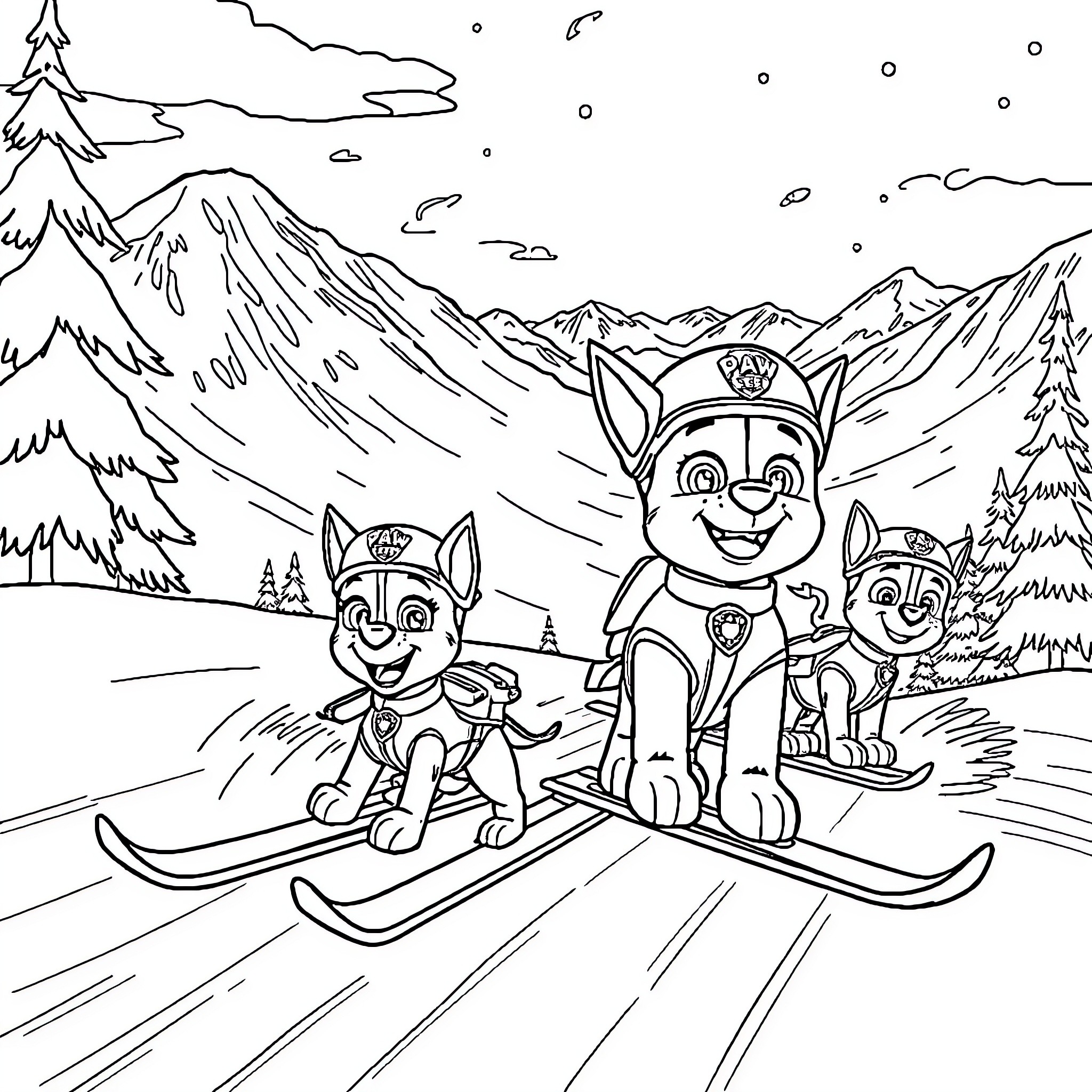 Paw Patrol's Winter Wonderland Adventure Coloring Page (free black-and-white line drawing printable PDF for all, from beginners to advanced learners, including children, teens, adults, and seniors)