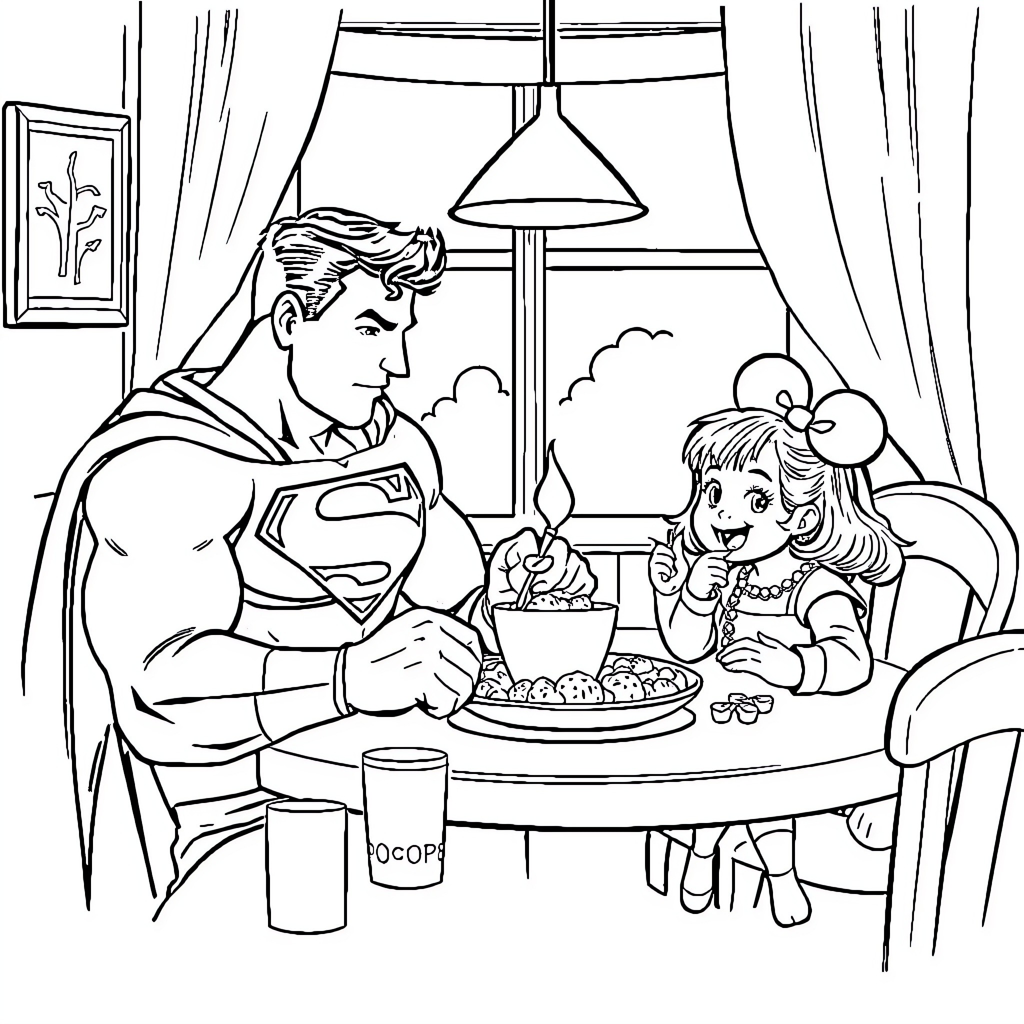 Superman relaxing with young woman and enjoying snacks Coloring Page (free black-and-white line drawing printable PDF for all, from beginners to advanced learners, including children, teens, adults, and seniors)