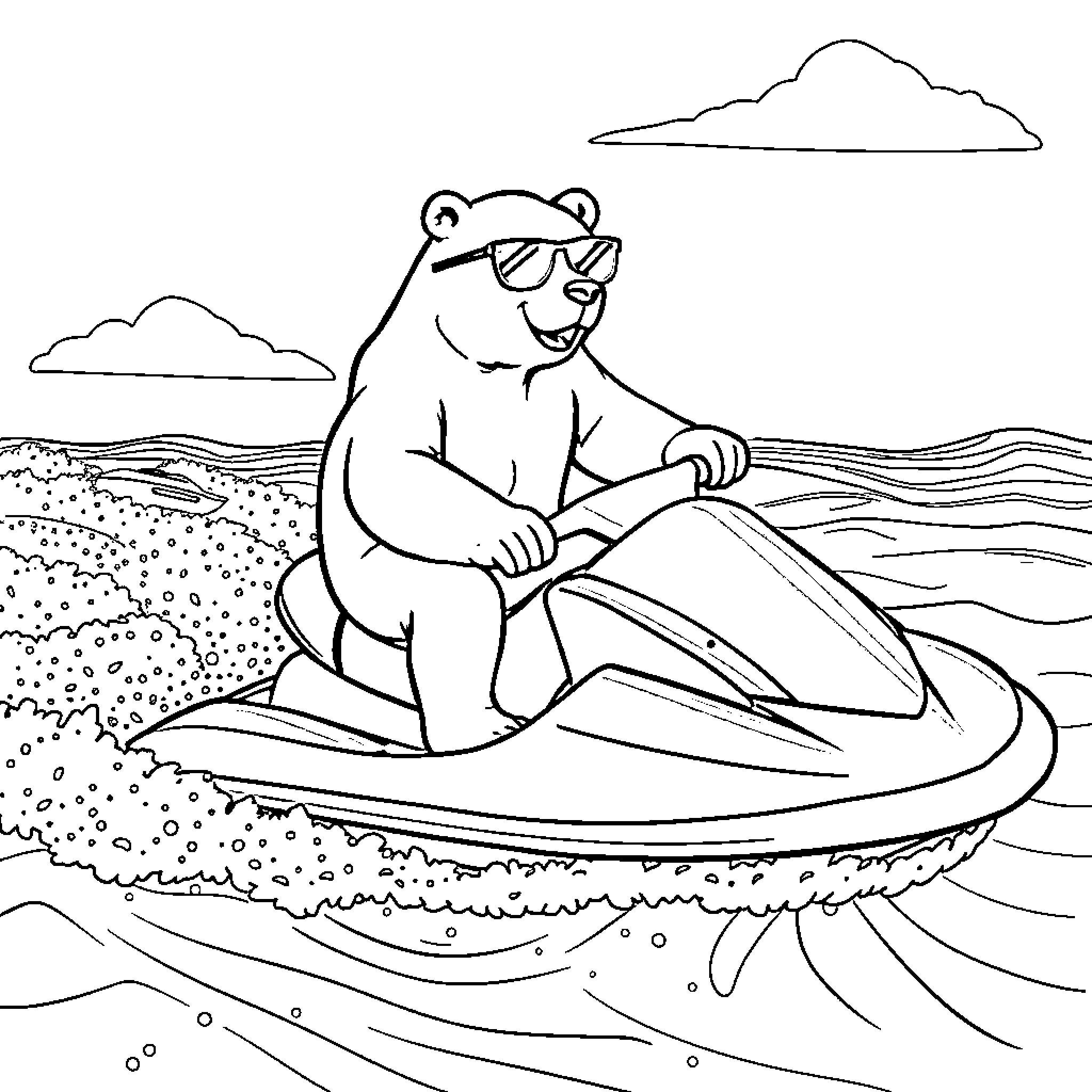 Polar Bear Enjoying Recreational Water Activities Coloring Page (free black-and-white line drawing printable PDF for all, from beginners to advanced learners, including children, teens, adults, and seniors)