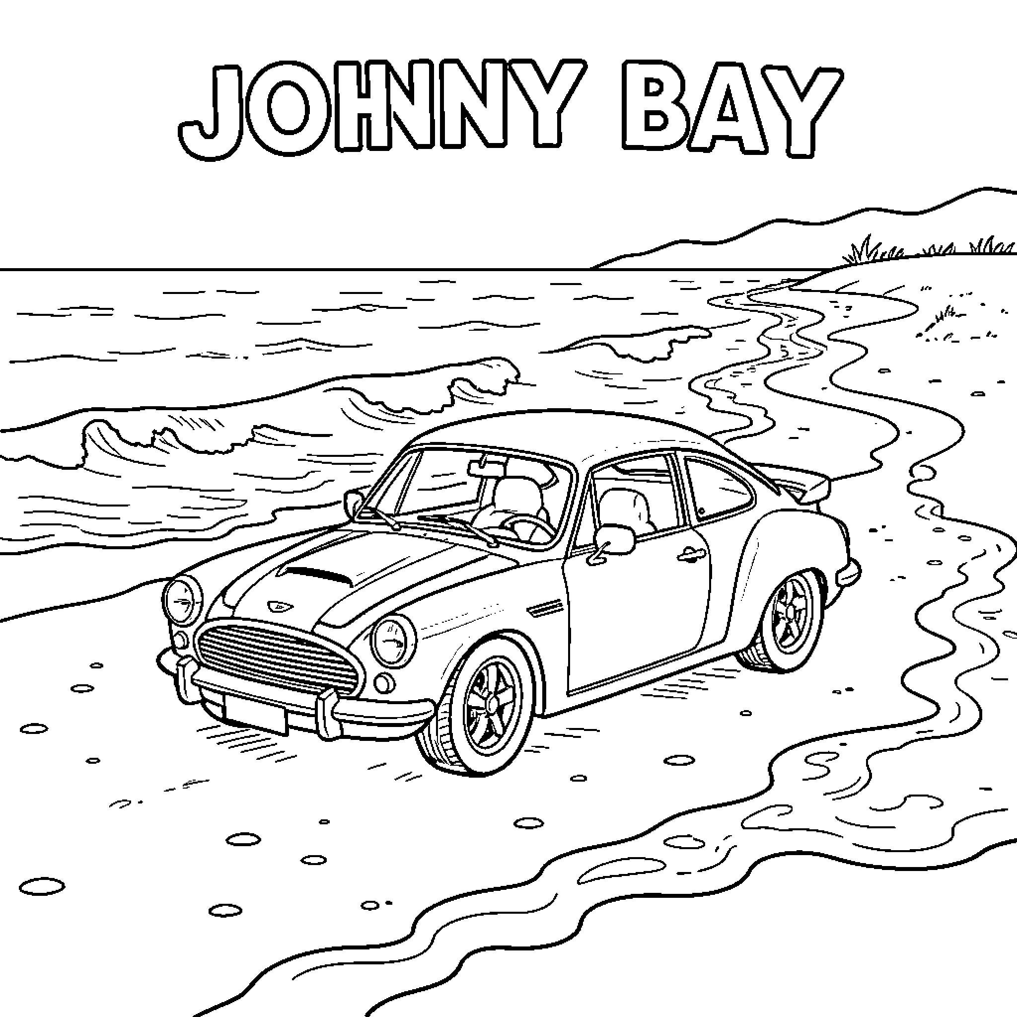 Car parked by the ocean at Johnny Bay Coloring Page (free black-and-white line drawing printable PDF for all, from beginners to advanced learners, including children, teens, adults, and seniors)