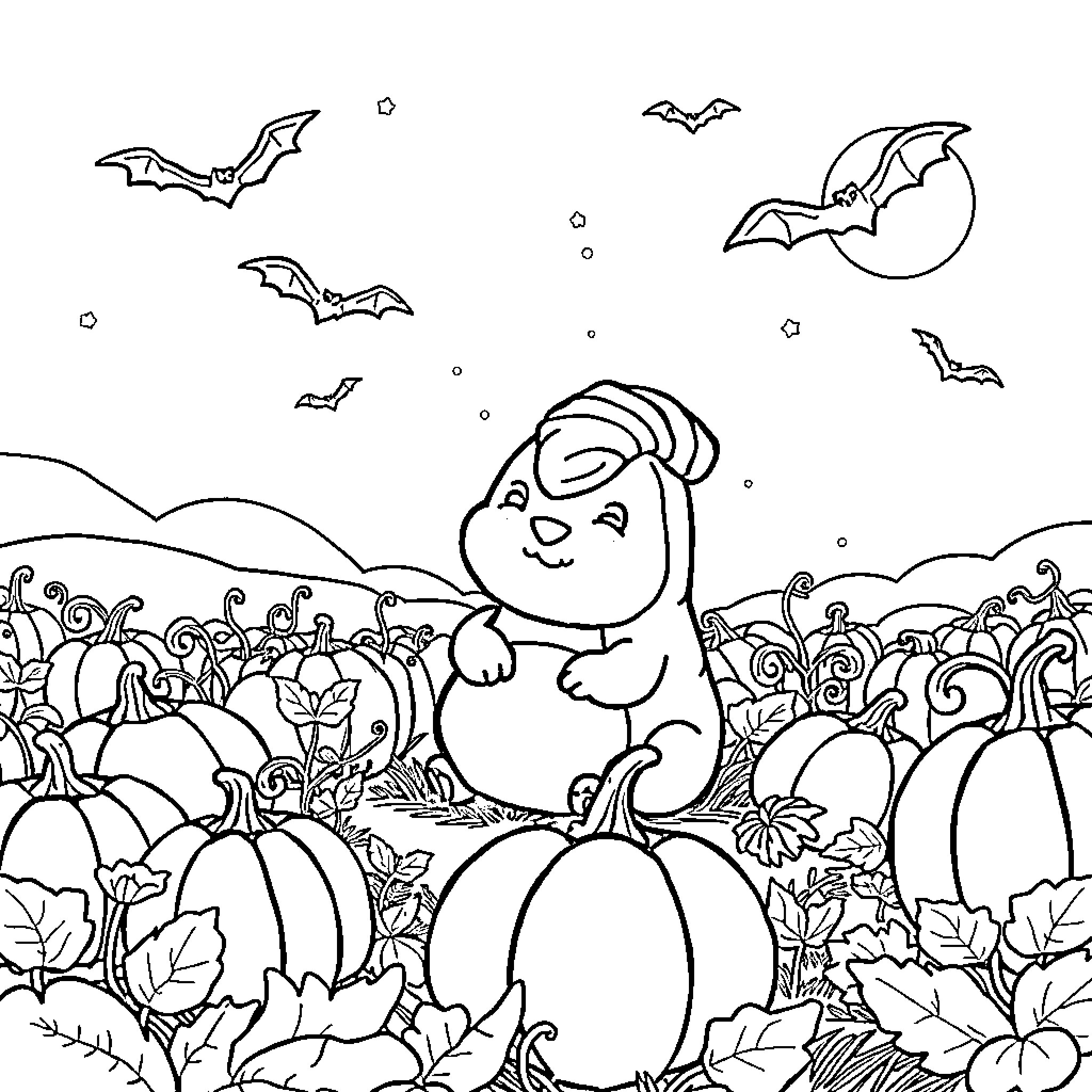 Cinnamonroll exploring the spooky autumn scenery Coloring Page (free black-and-white line drawing printable PDF for all, from beginners to advanced learners, including children, teens, adults, and seniors)