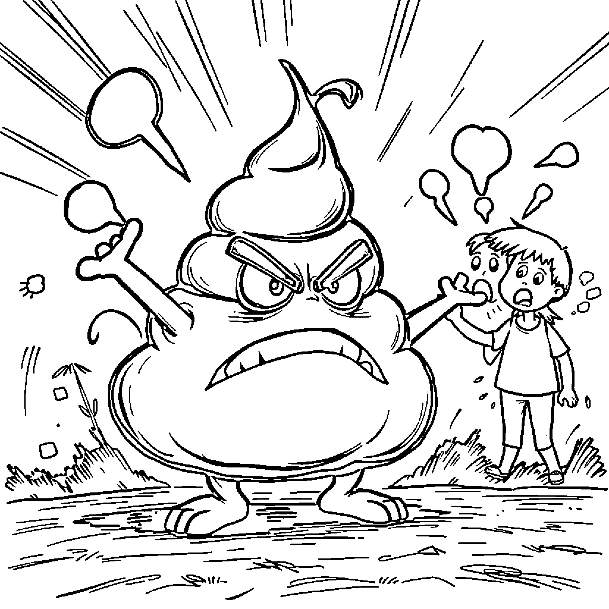 Poop Monster scaring a Boy in the Muddy Field Coloring Page (free black-and-white line drawing printable PDF for all, from beginners to advanced learners, including children, teens, adults, and seniors)