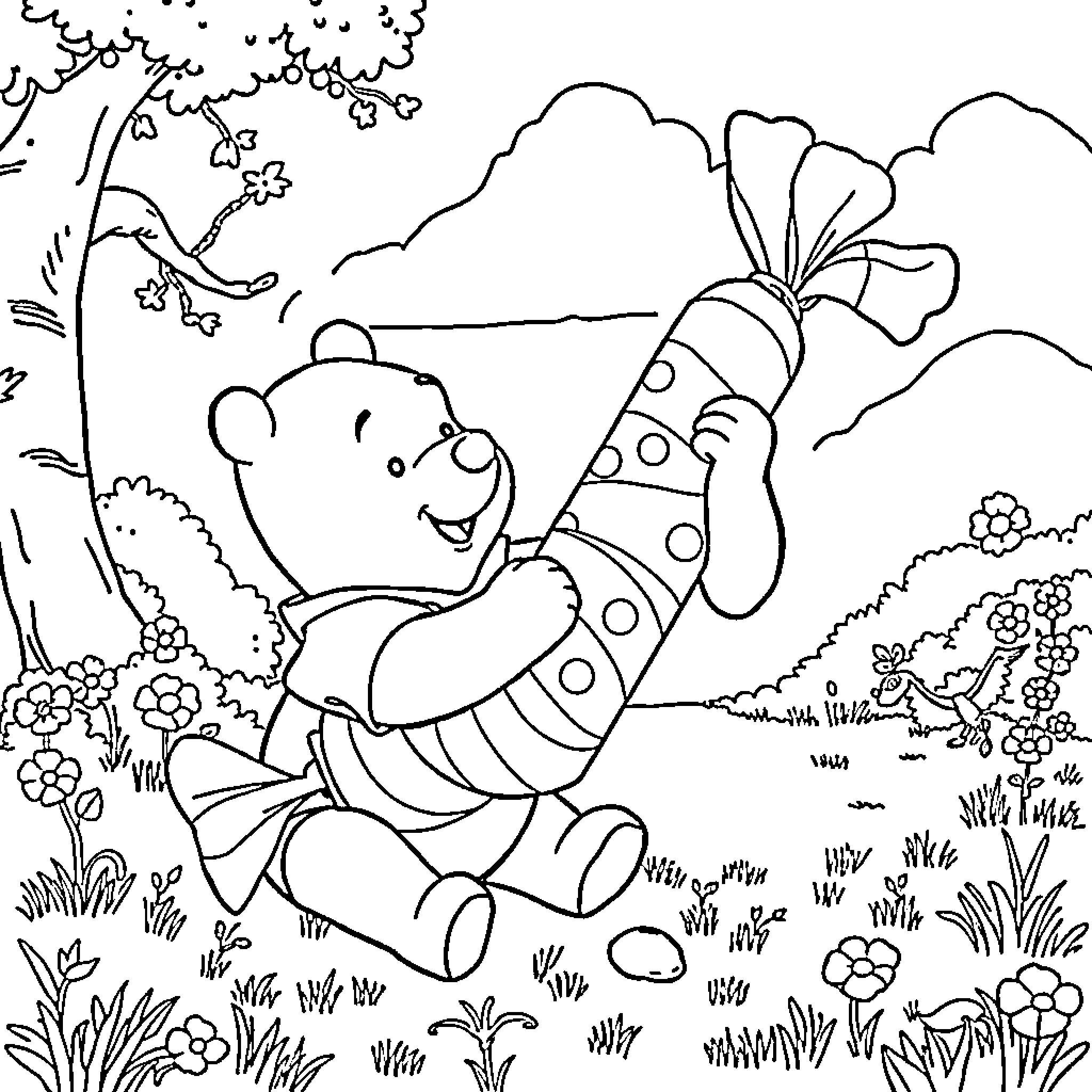 Winnie The Pooh enjoying a spring day outdoors Coloring Page (free black-and-white line drawing printable PDF for all, from beginners to advanced learners, including children, teens, adults, and seniors)