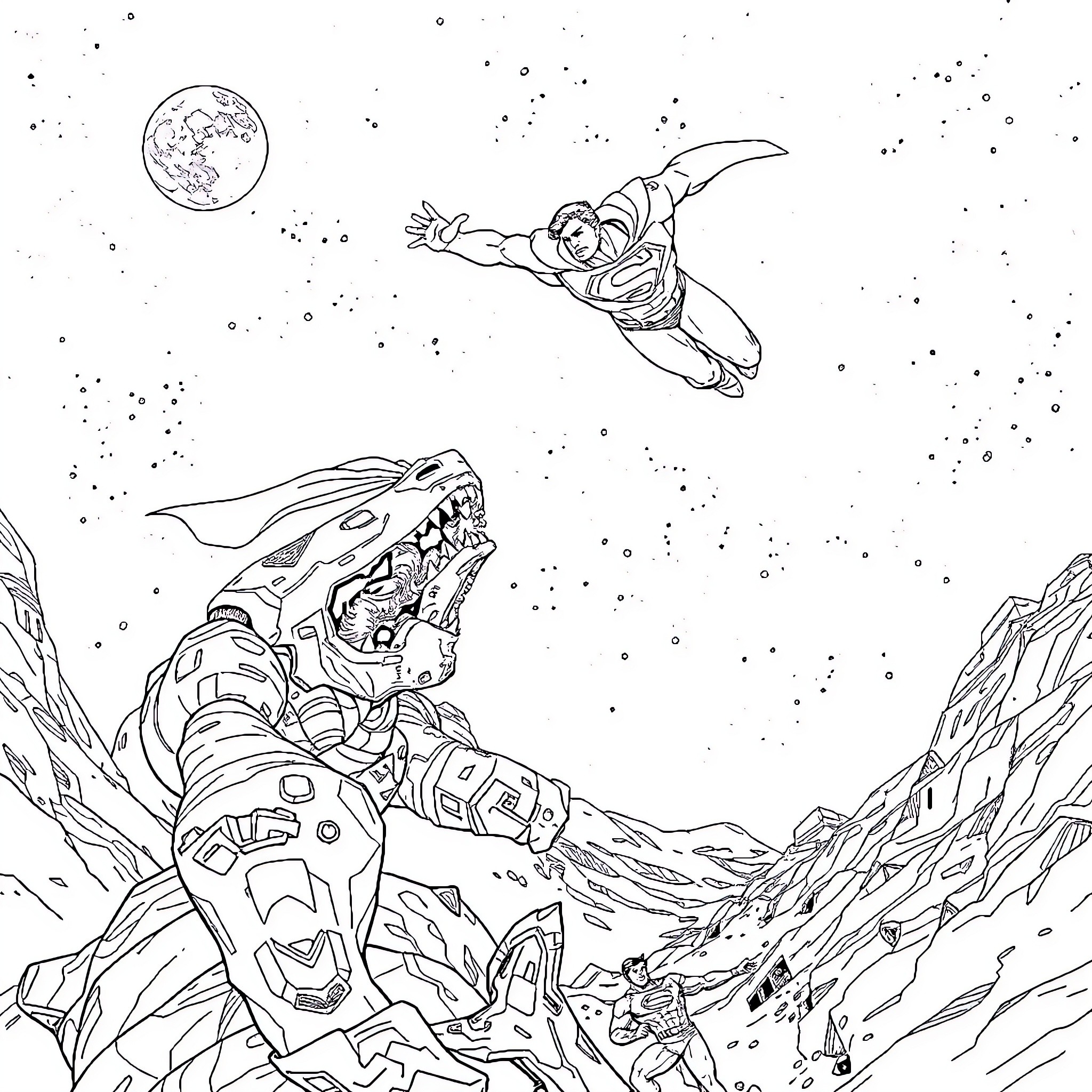 Superman heroically soaring through the cosmic landscape Coloring Page (free black-and-white line drawing printable PDF for all, from beginners to advanced learners, including children, teens, adults, and seniors)