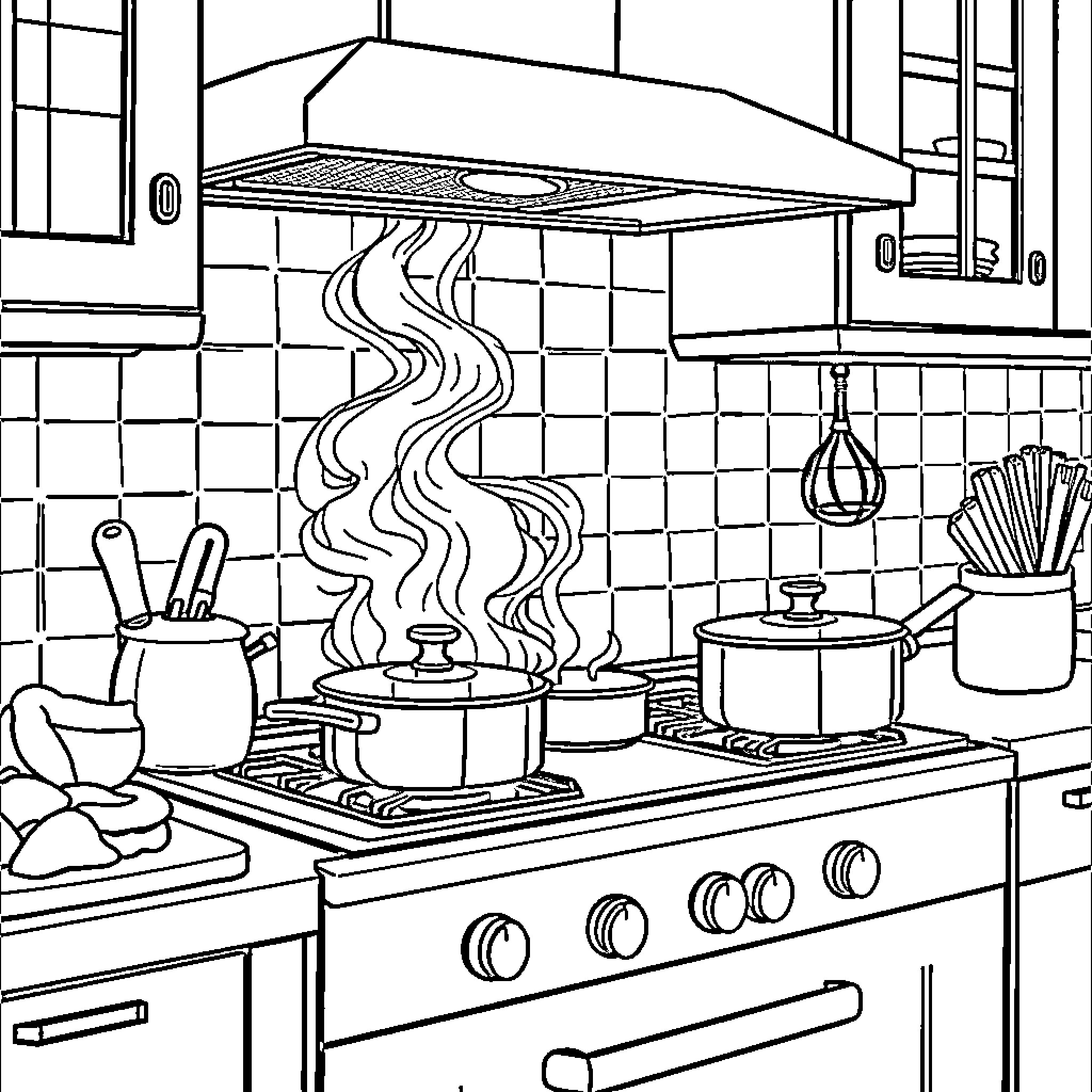 Cooking Utensils and Appliances in a Busy Kitchen Coloring Page (free black-and-white line drawing printable PDF for all, from beginners to advanced learners, including children, teens, adults, and seniors)