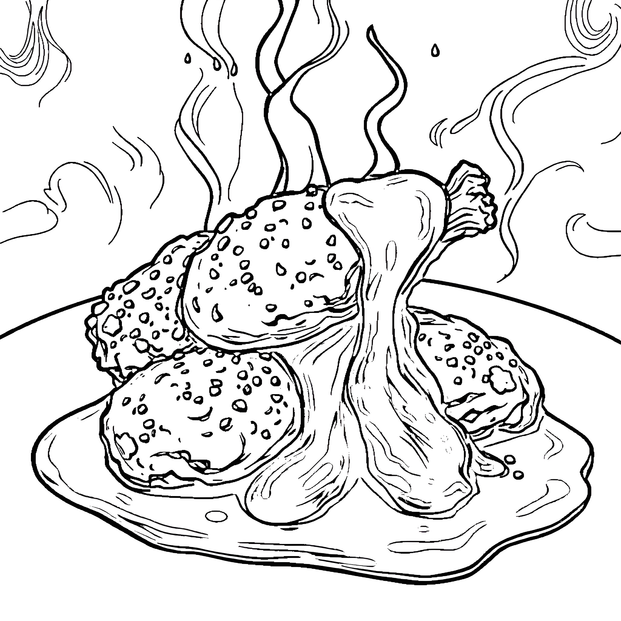 Lava Chicken sizzling in a surreal landscape Coloring Page (free black-and-white line drawing printable PDF for all, from beginners to advanced learners, including children, teens, adults, and seniors)