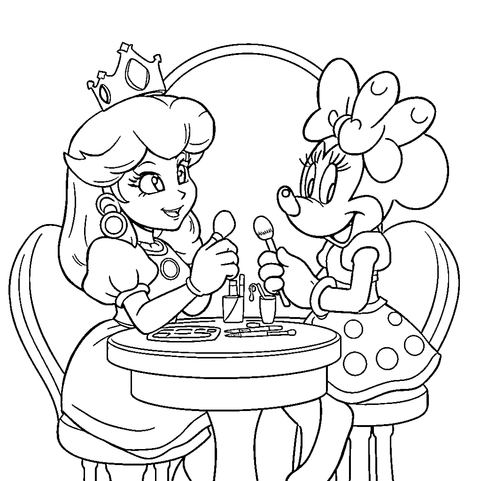 Princess and friend having tea party Coloring Page (free black-and-white line drawing printable PDF for all, from beginners to advanced learners, including children, teens, adults, and seniors)