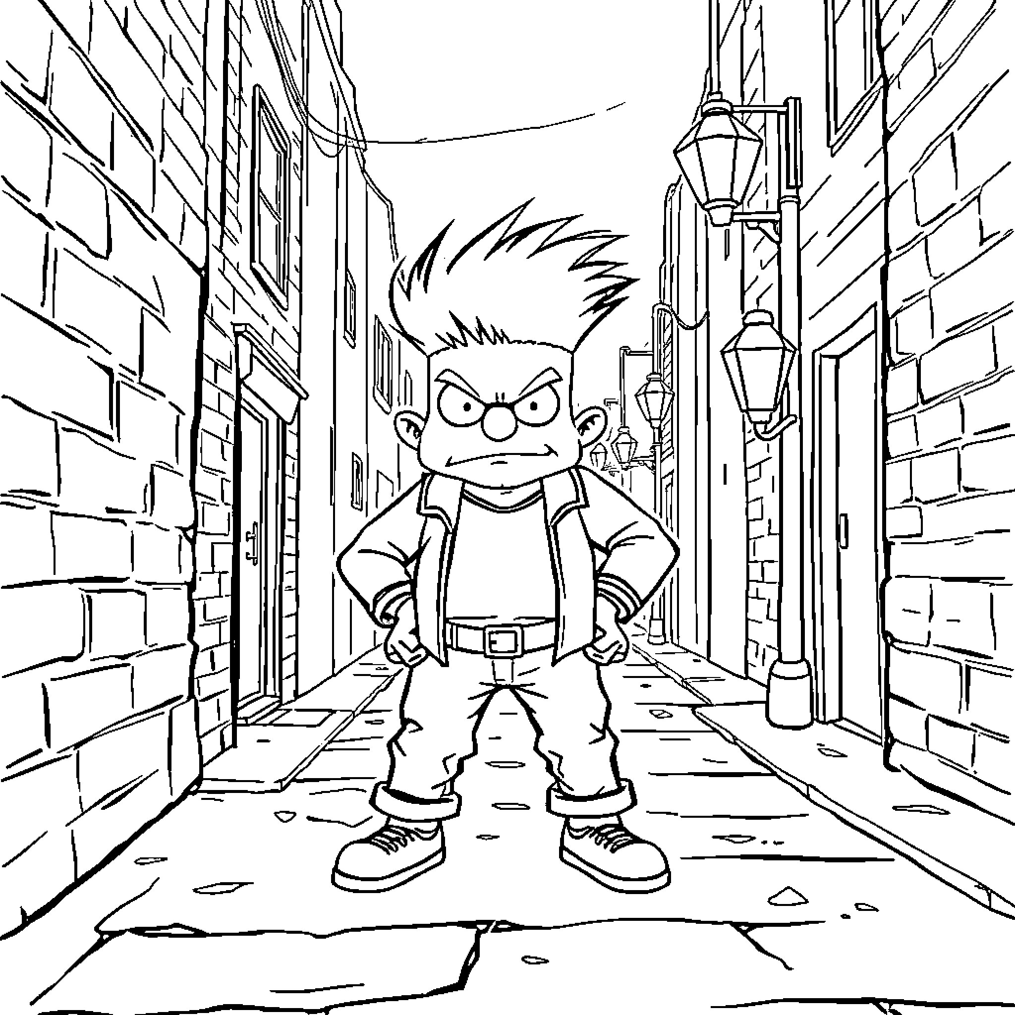 Hey Arnold exploring the city streets Coloring Page (free black-and-white line drawing printable PDF for all, from beginners to advanced learners, including children, teens, adults, and seniors)