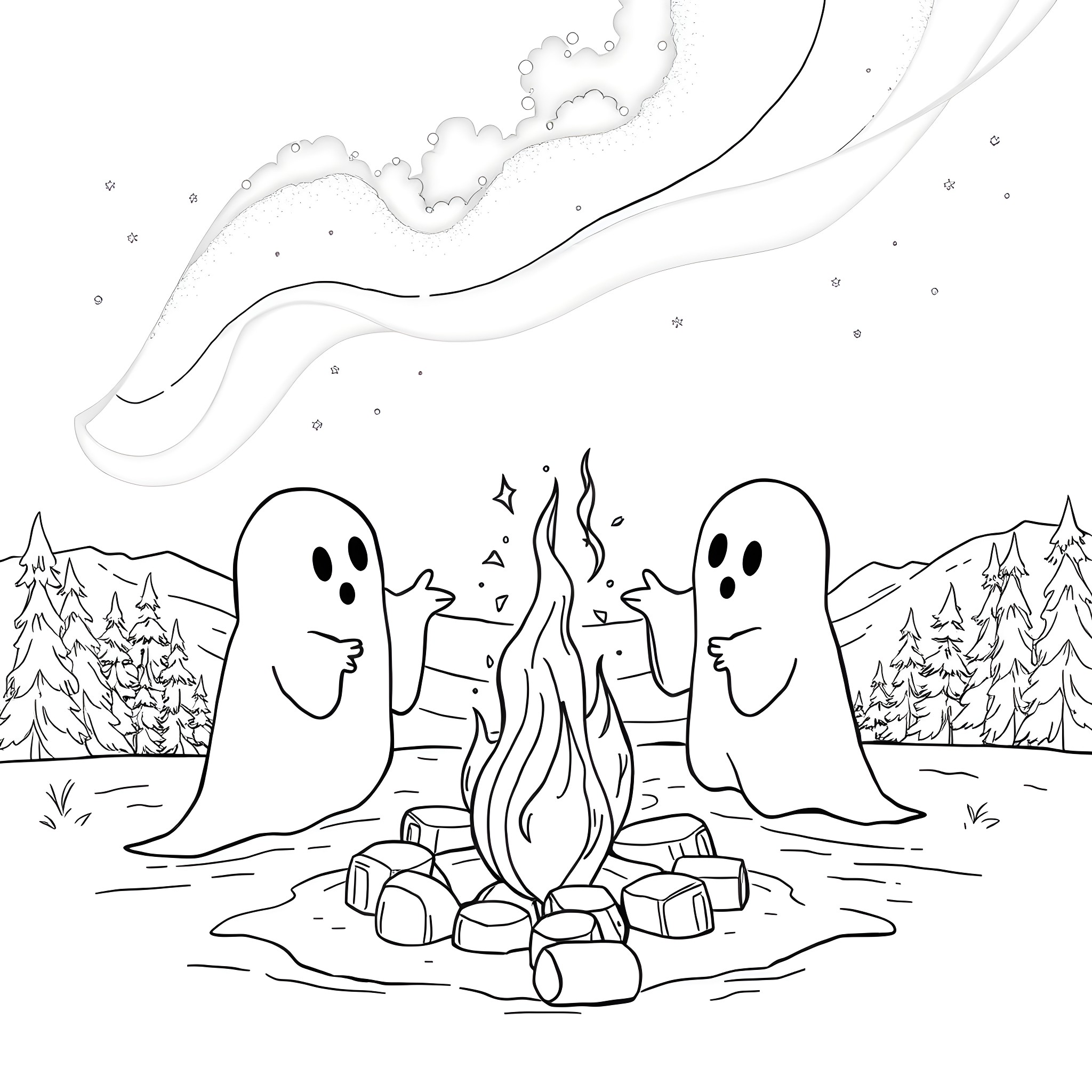 Ghost friends gather around a campfire Coloring Page (free black-and-white line drawing printable PDF for all, from beginners to advanced learners, including children, teens, adults, and seniors)