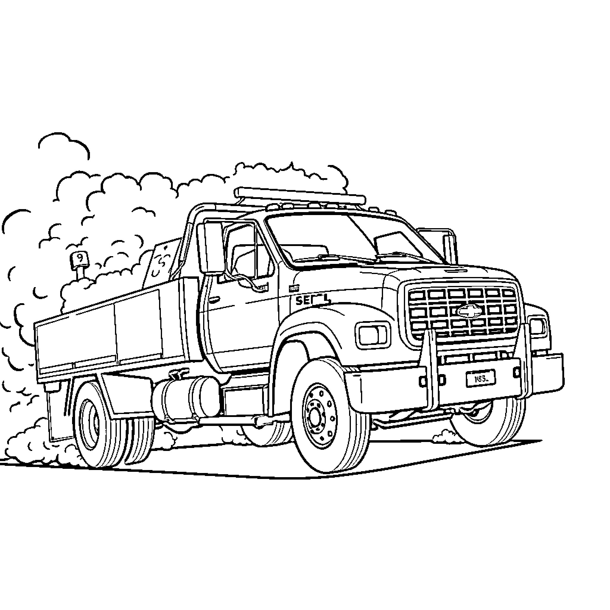 Service Truck Hauling Heavy Load on the Road Coloring Page (free black-and-white line drawing printable PDF for all, from beginners to advanced learners, including children, teens, adults, and seniors)