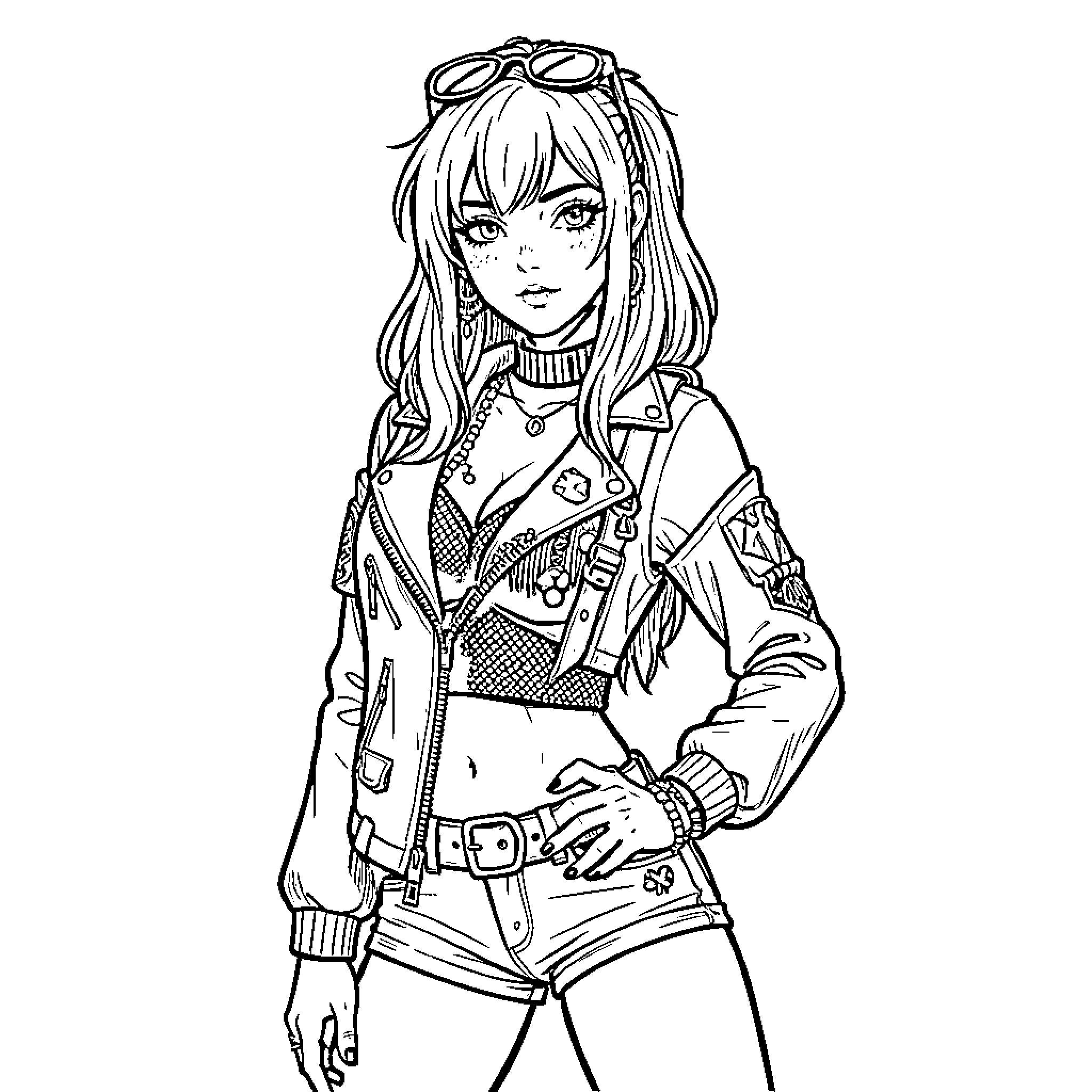 Emo Girl wearing goggles and a leather jacket Coloring Page (free black-and-white line drawing printable PDF for all, from beginners to advanced learners, including children, teens, adults, and seniors)