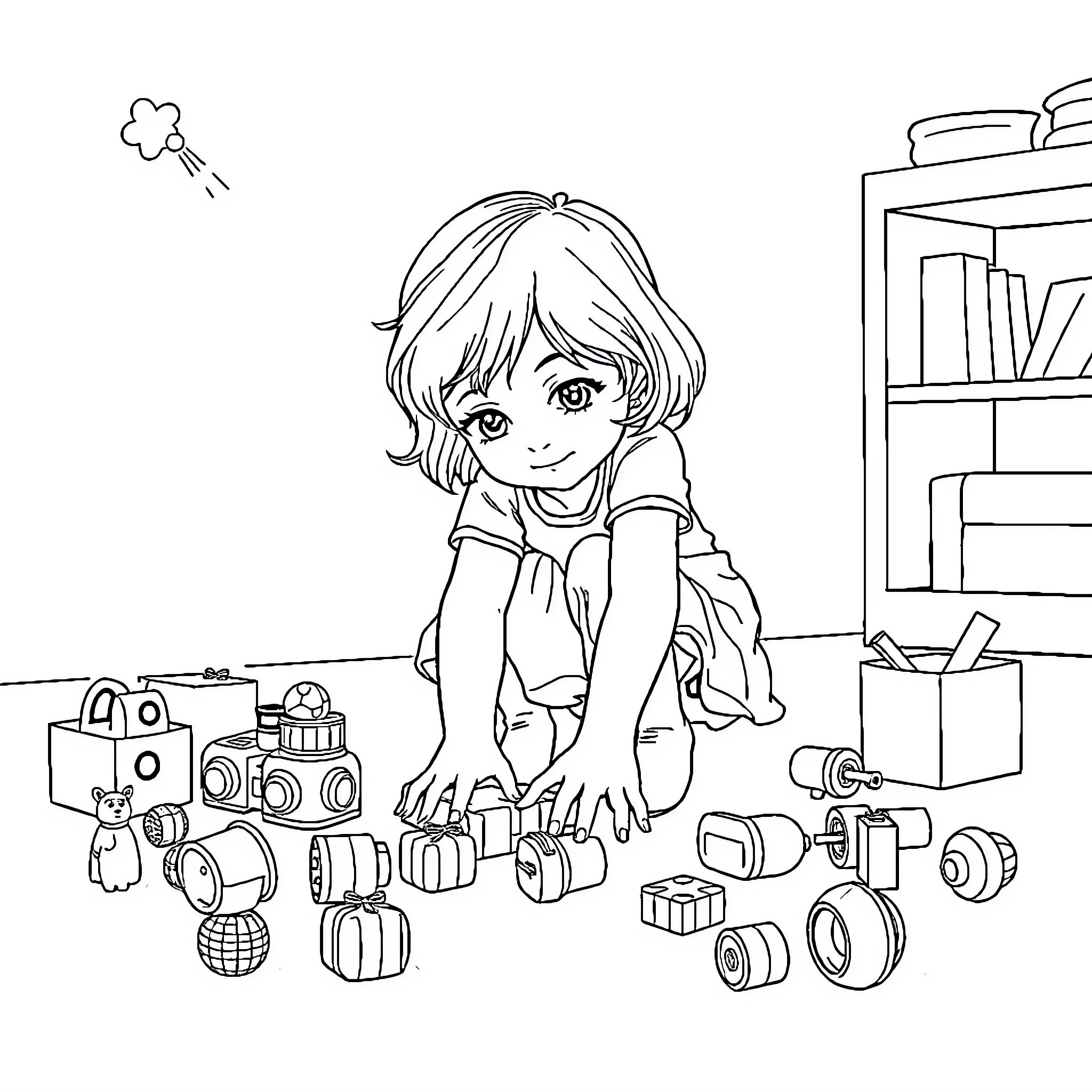 Girl Playing with Toys in Her Room Coloring Page (free black-and-white line drawing printable PDF for all, from beginners to advanced learners, including children, teens, adults, and seniors)