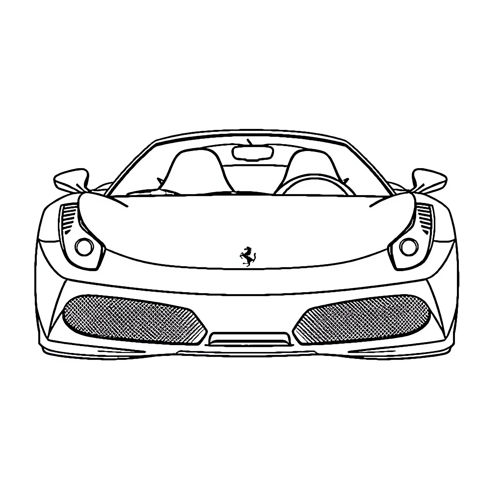 Ferrari sports car front view design sketch Coloring Page (free black-and-white line drawing printable PDF for all, from beginners to advanced learners, including children, teens, adults, and seniors)