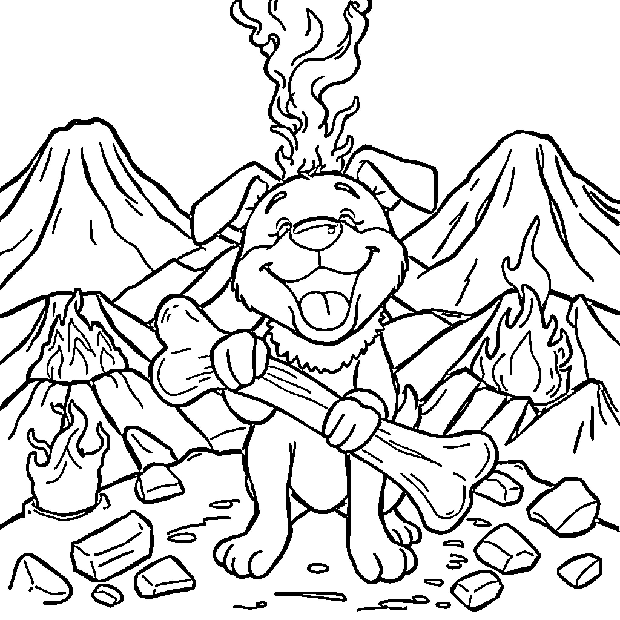Dog roasting marshmallows in the mountains Coloring Page (free black-and-white line drawing printable PDF for all, from beginners to advanced learners, including children, teens, adults, and seniors)