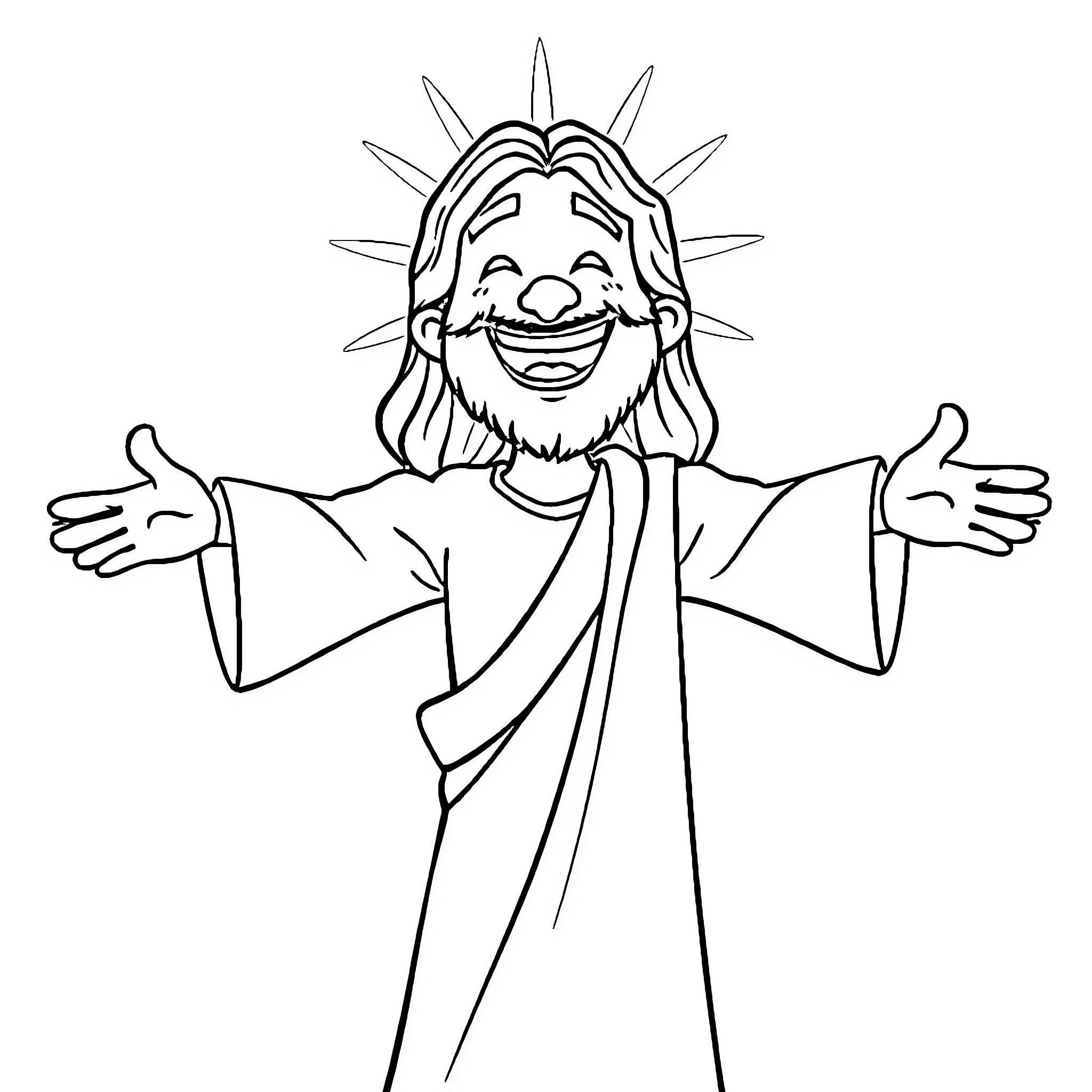 Jesus with joyful expression and welcoming gesture Coloring Page (free black-and-white line drawing printable PDF for all, from beginners to advanced learners, including children, teens, adults, and seniors)