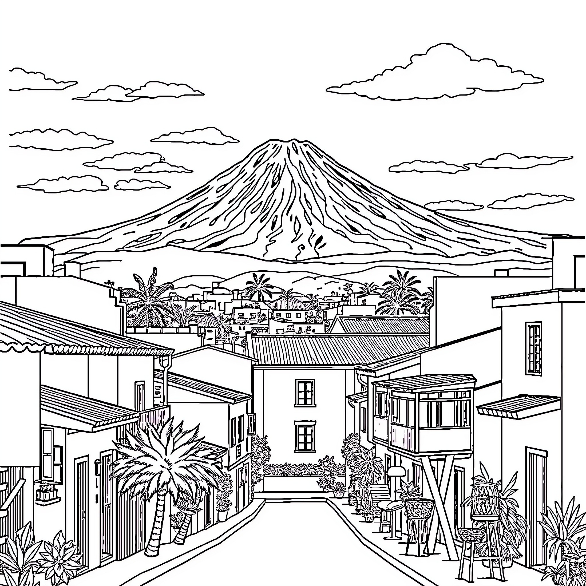 Volcano overlooking a vibrant urban landscape Coloring Page (free black-and-white line drawing printable PDF for all, from beginners to advanced learners, including children, teens, adults, and seniors)