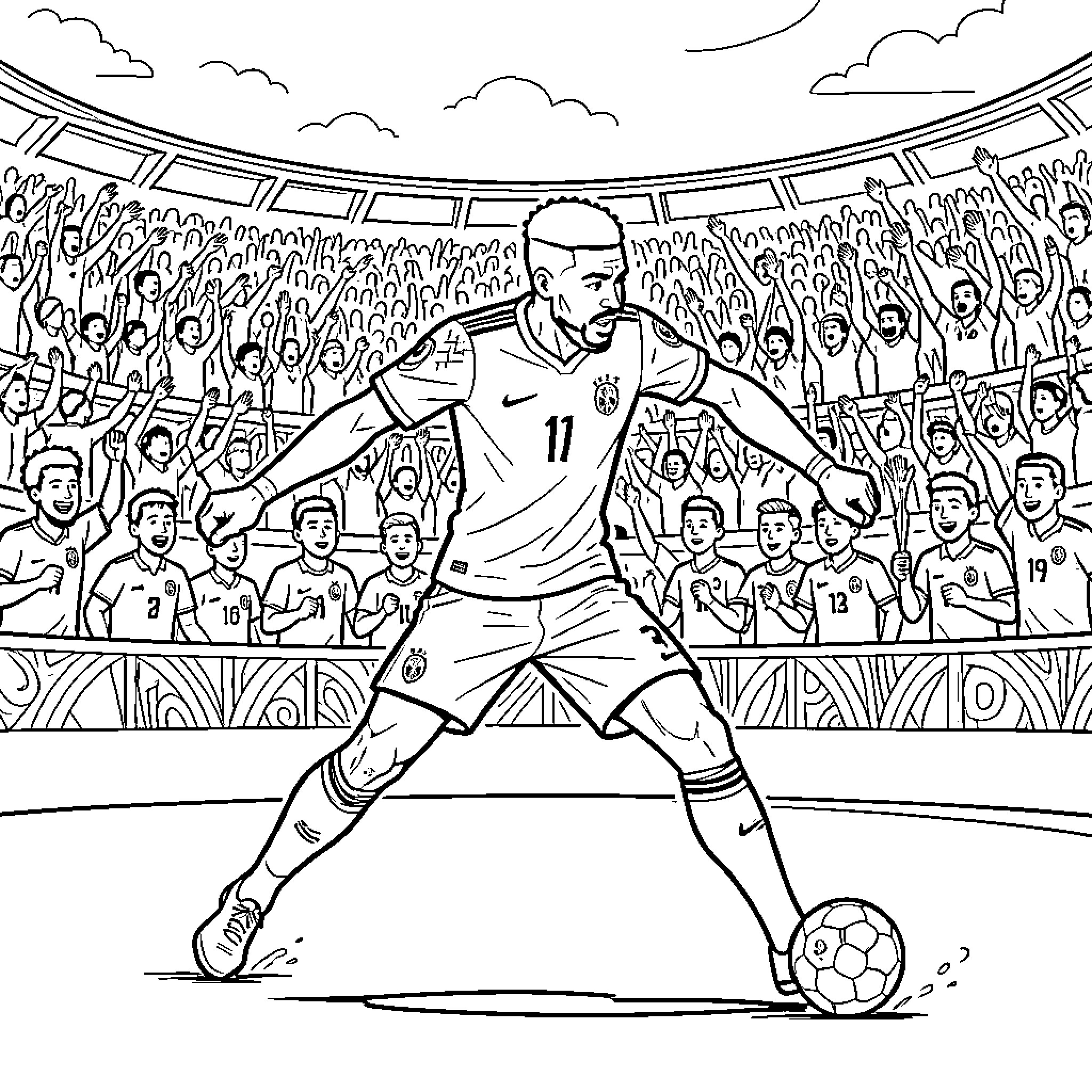 Mbappe dribbling a soccer ball in a crowded stadium Coloring Page (free black-and-white line drawing printable PDF for all, from beginners to advanced learners, including children, teens, adults, and seniors)