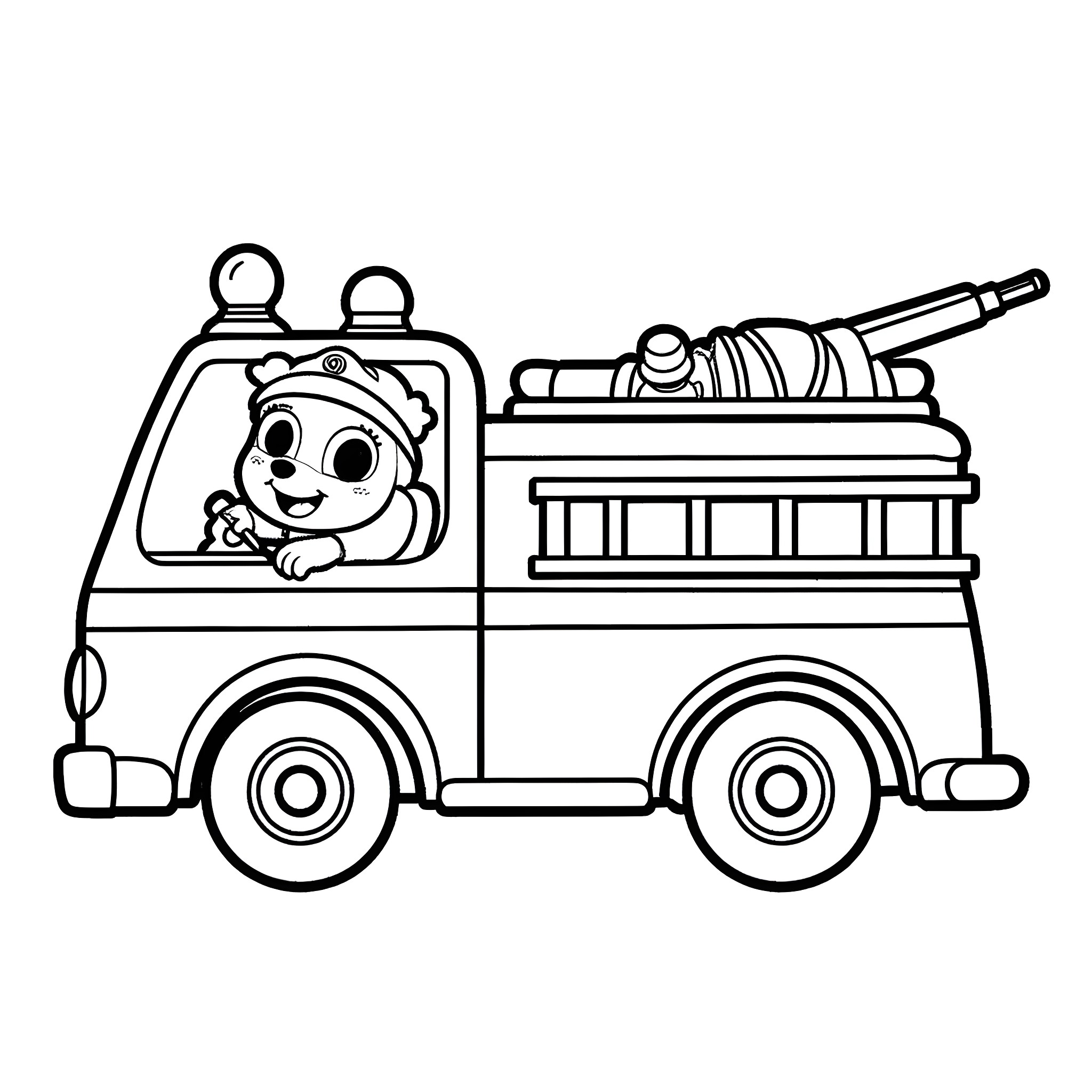 Fire Truck with Friendly Firefighter Coloring Page (free black-and-white line drawing printable PDF for all, from beginners to advanced learners, including children, teens, adults, and seniors)