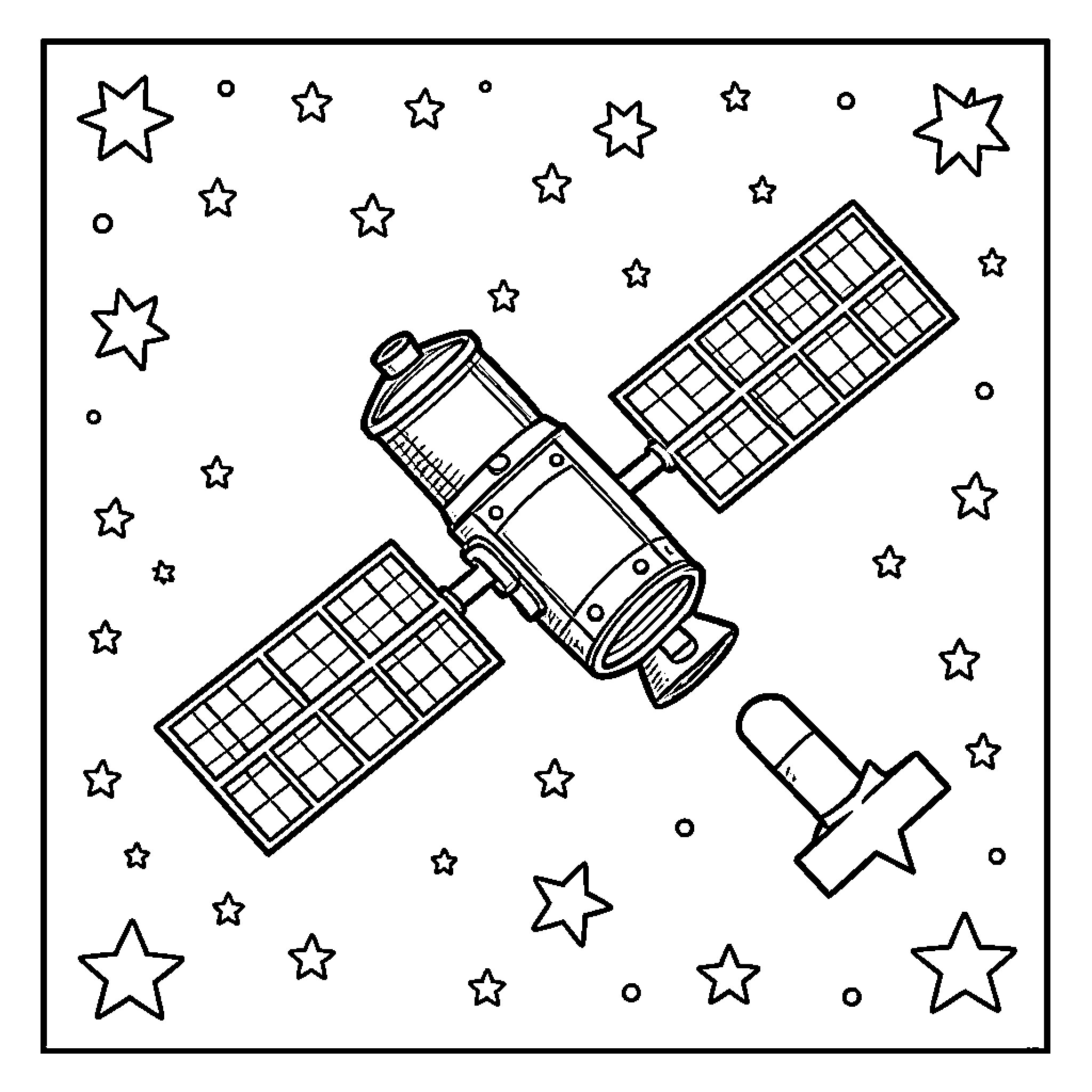 Satellite exploring the starry night sky Coloring Page (free black-and-white line drawing printable PDF for all, from beginners to advanced learners, including children, teens, adults, and seniors)