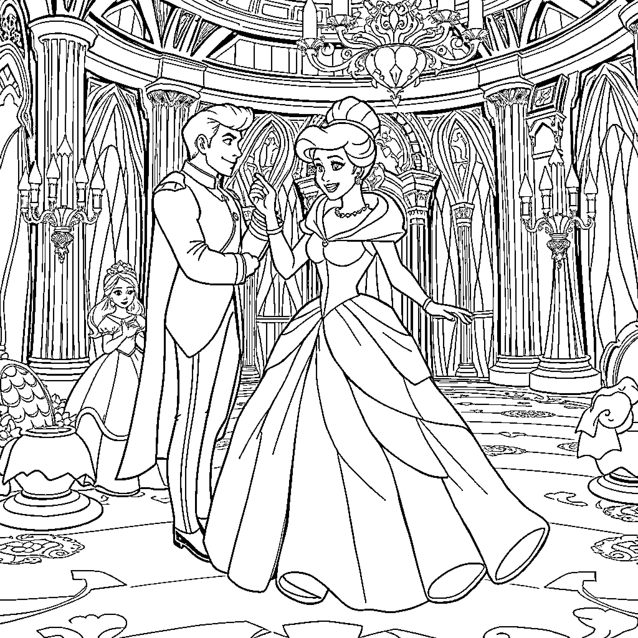 Cinderella dancing gracefully with the Prince in a ballroom Coloring Page (free black-and-white line drawing printable PDF for all, from beginners to advanced learners, including children, teens, adults, and seniors)