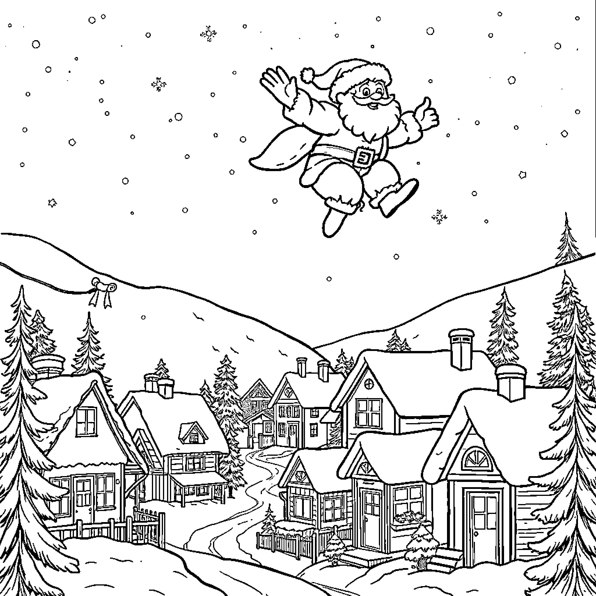 Santa leaping joyfully over a snowy village Coloring Page (free black-and-white line drawing printable PDF for all, from beginners to advanced learners, including children, teens, adults, and seniors)