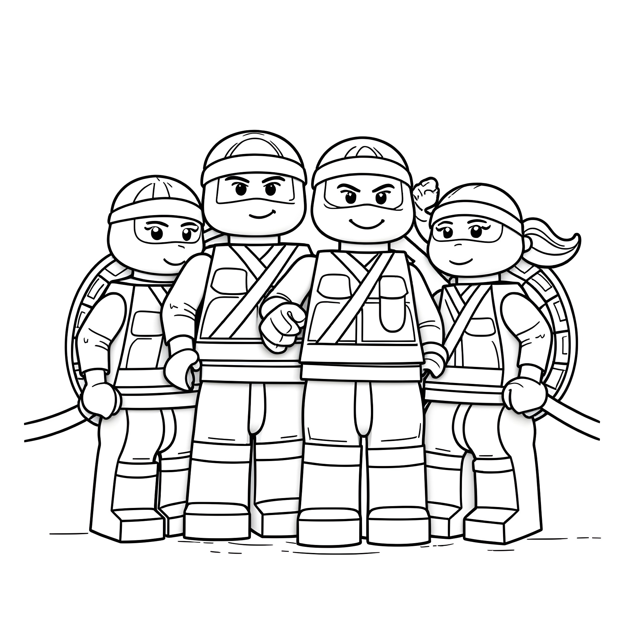 Ninjago warriors in fighting stance Coloring Page (free black-and-white line drawing printable PDF for all, from beginners to advanced learners, including children, teens, adults, and seniors)