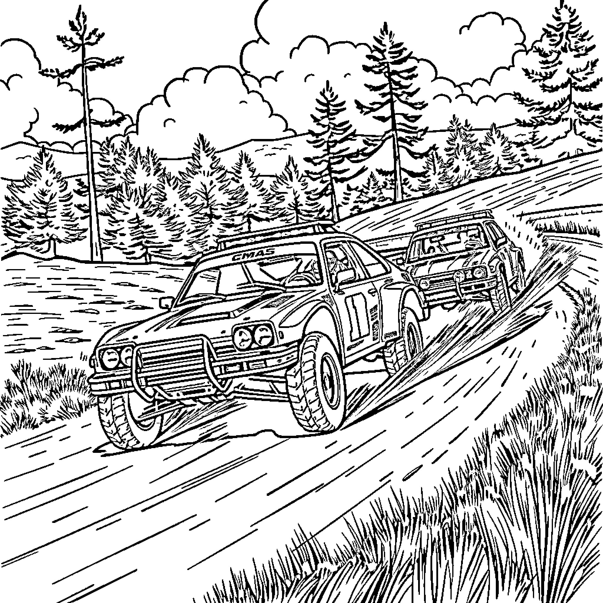 Carcross off-road adventure in forested landscape Coloring Page (free black-and-white line drawing printable PDF for all, from beginners to advanced learners, including children, teens, adults, and seniors)