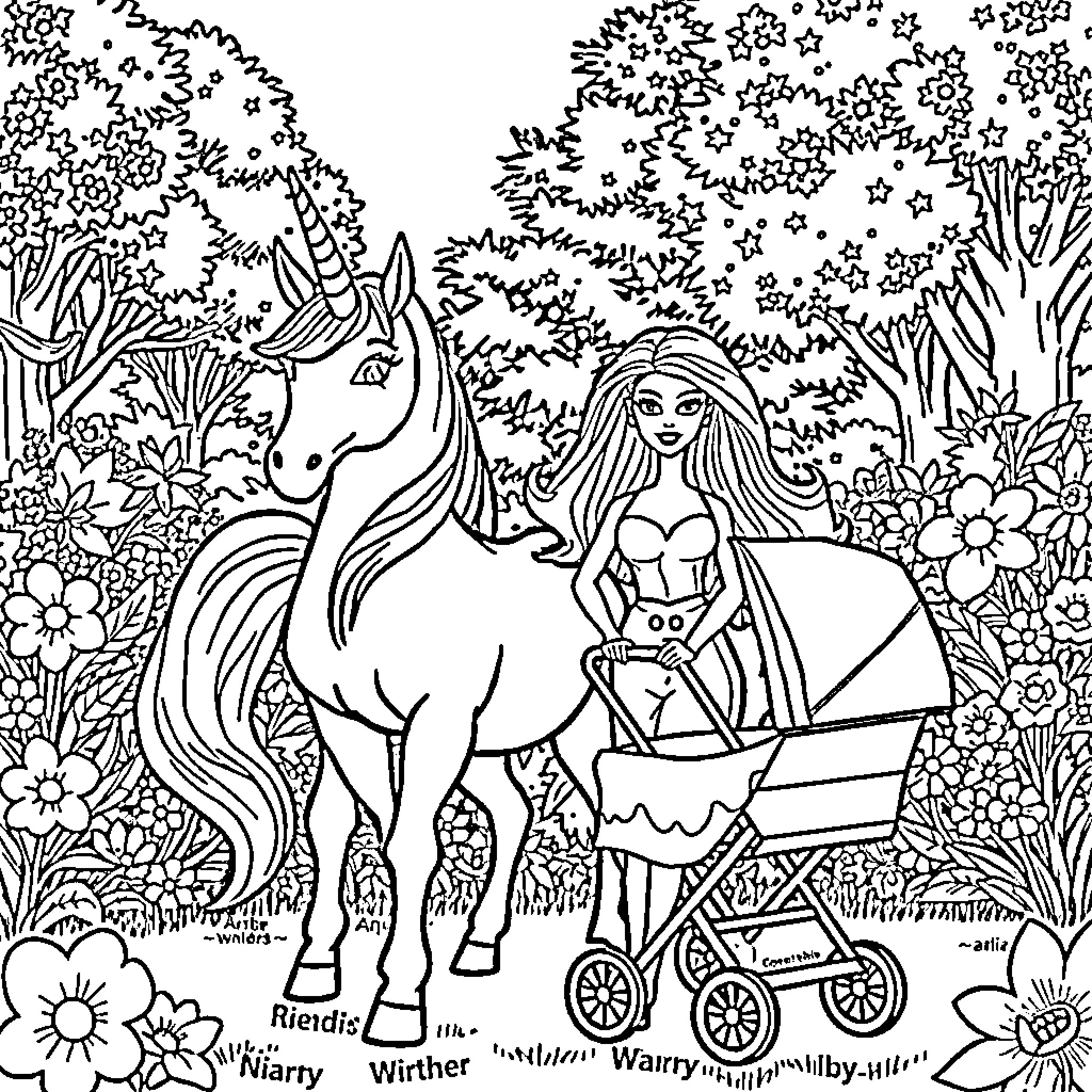Unicorn and woman in enchanted forest Coloring Page (free black-and-white line drawing printable PDF for all, from beginners to advanced learners, including children, teens, adults, and seniors)
