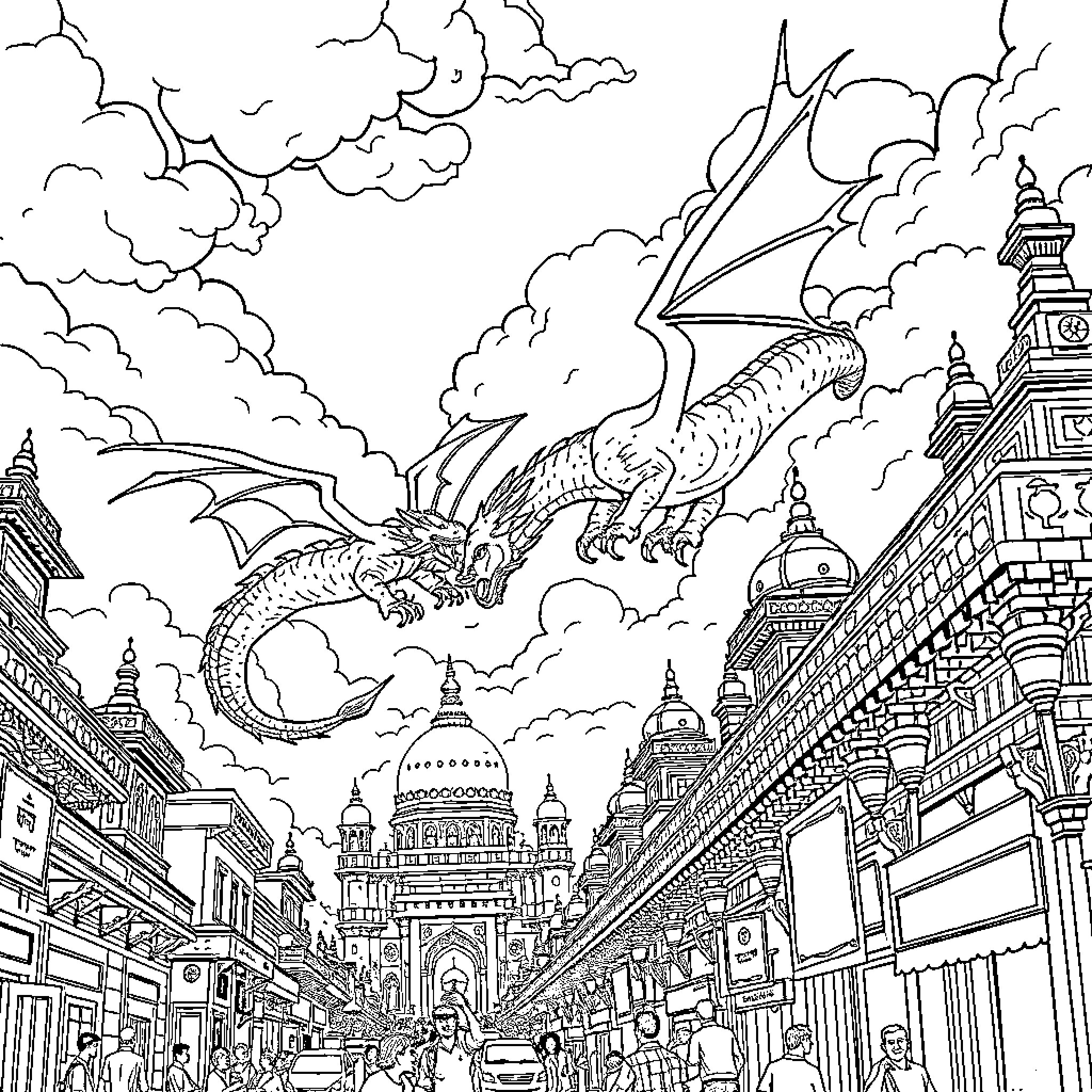 Dragon soaring over a medieval fantasy city Coloring Page (free black-and-white line drawing printable PDF for all, from beginners to advanced learners, including children, teens, adults, and seniors)