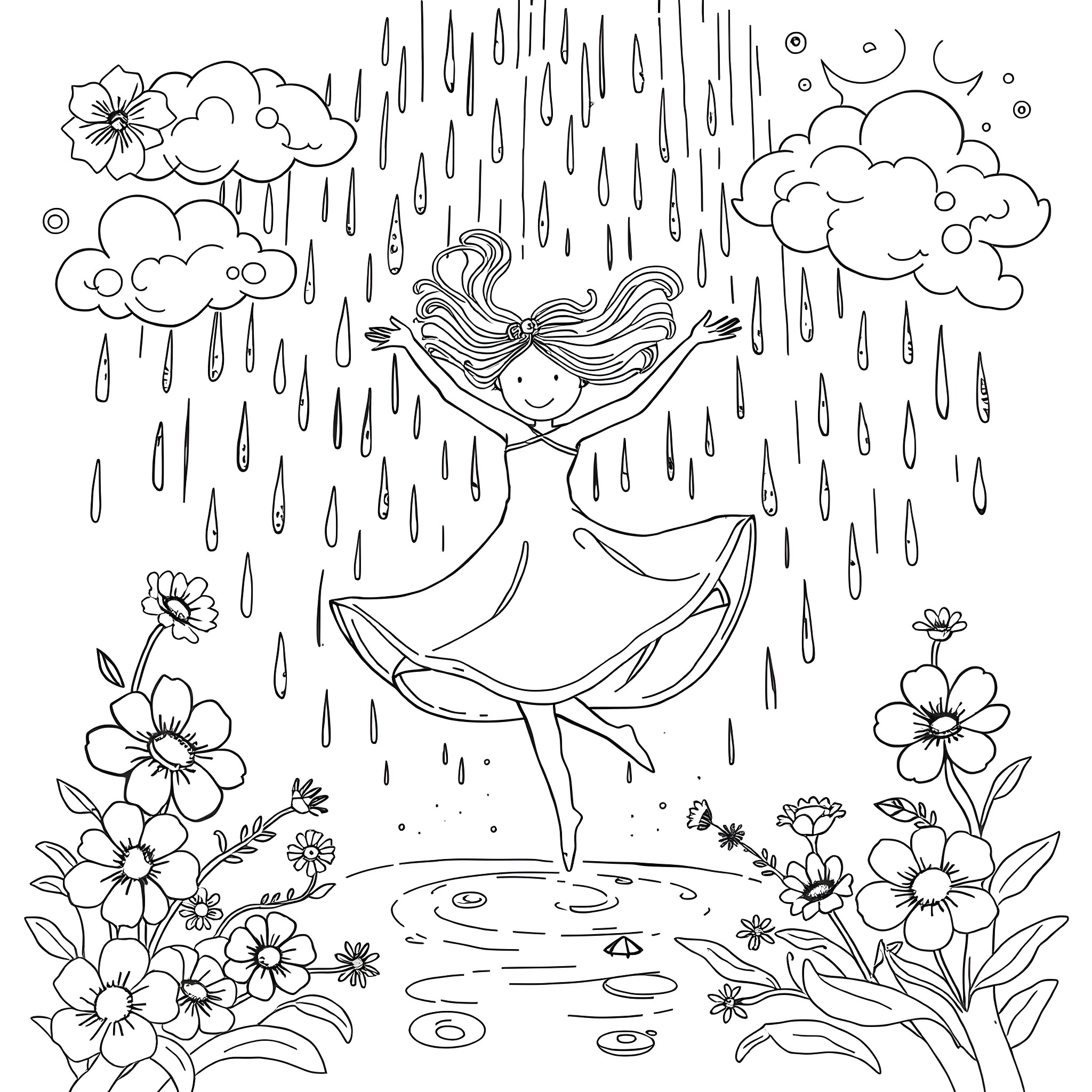 Hippy girl dancing in the rain amidst flowers Coloring Page (free black-and-white line drawing printable PDF for all, from beginners to advanced learners, including children, teens, adults, and seniors)