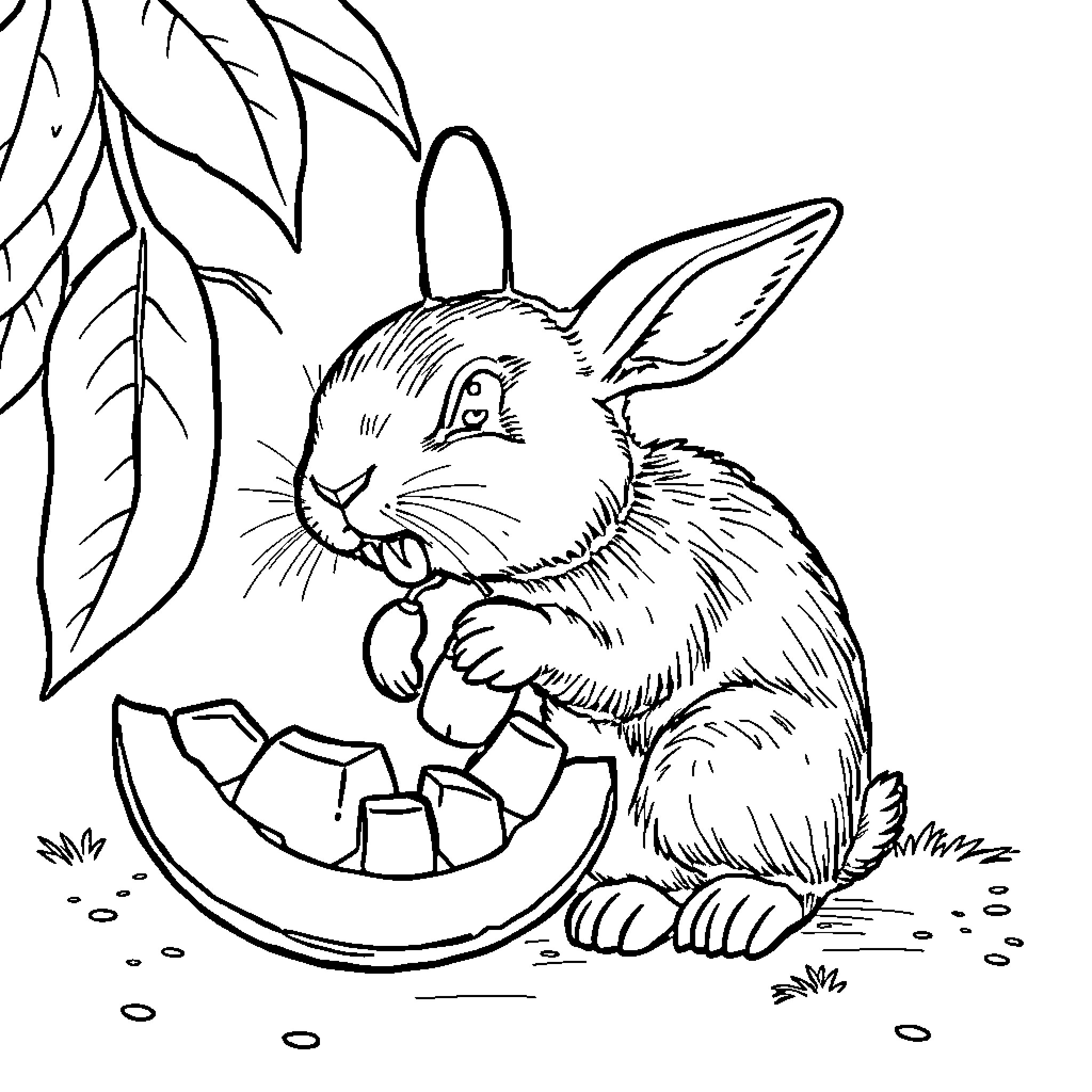 Rabbit nibbling pumpkin slice in garden Coloring Page (free black-and-white line drawing printable PDF for all, from beginners to advanced learners, including children, teens, adults, and seniors)