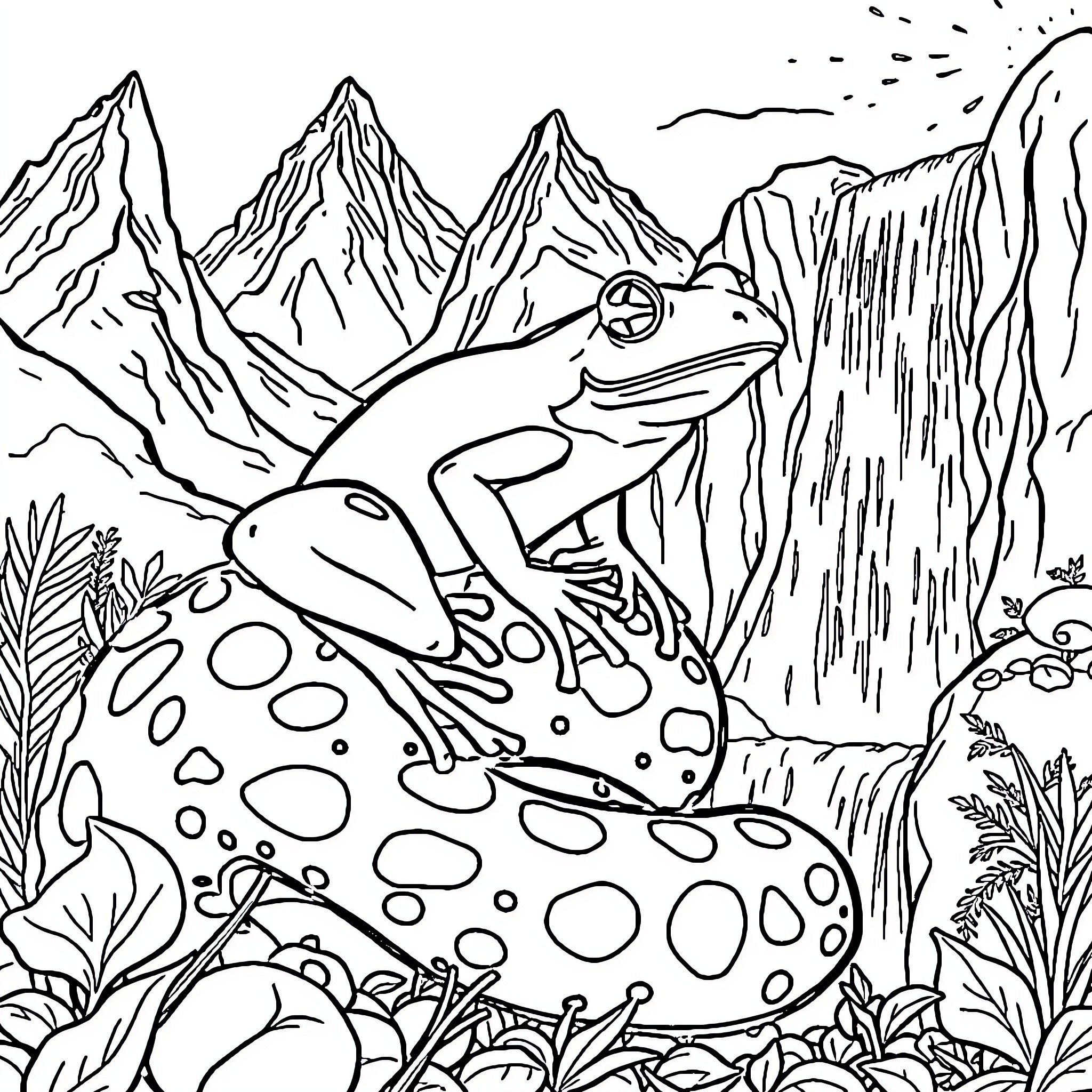 Frog exploring the lush mountain landscape Coloring Page (free black-and-white line drawing printable PDF for all, from beginners to advanced learners, including children, teens, adults, and seniors)