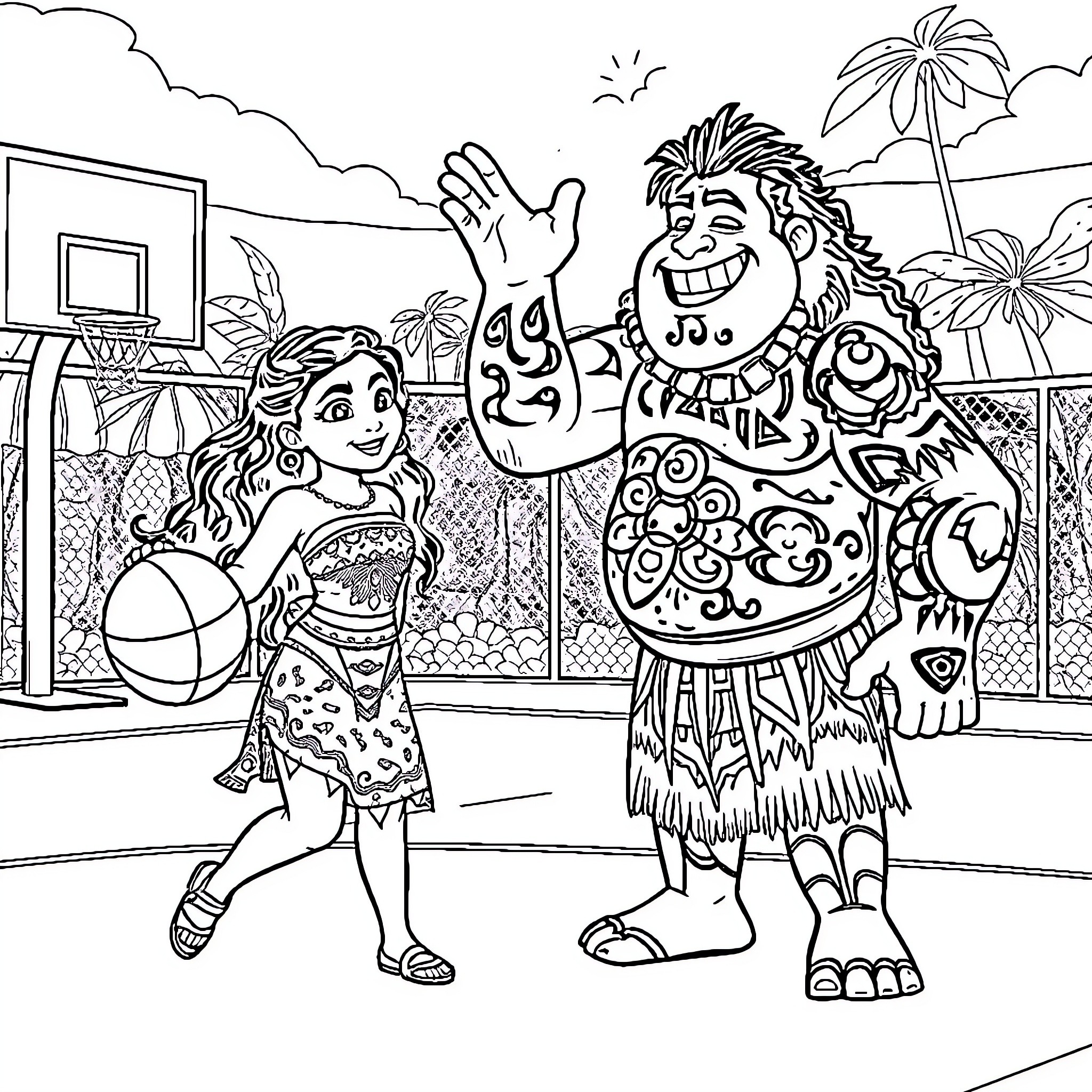 Moana and Maui playing basketball together Coloring Page (free black-and-white line drawing printable PDF for all, from beginners to advanced learners, including children, teens, adults, and seniors)