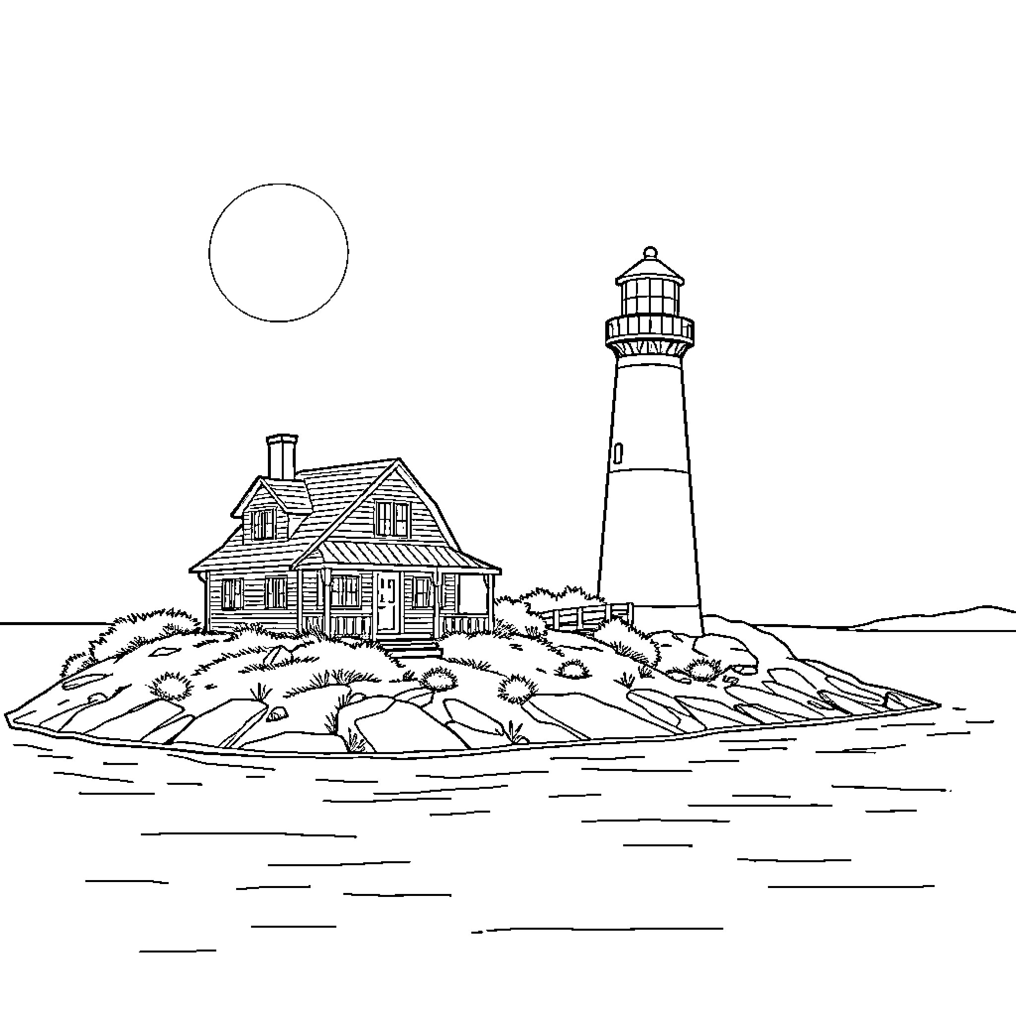 House on a rocky island with a lighthouse Coloring Page (free black-and-white line drawing printable PDF for all, from beginners to advanced learners, including children, teens, adults, and seniors)