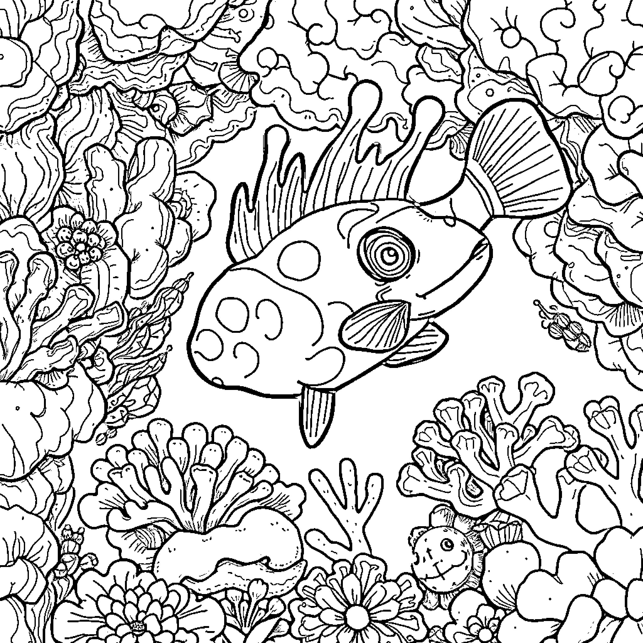 Zoozanthallae Underwater Wonderland Coloring Page (free black-and-white line drawing printable PDF for all, from beginners to advanced learners, including children, teens, adults, and seniors)