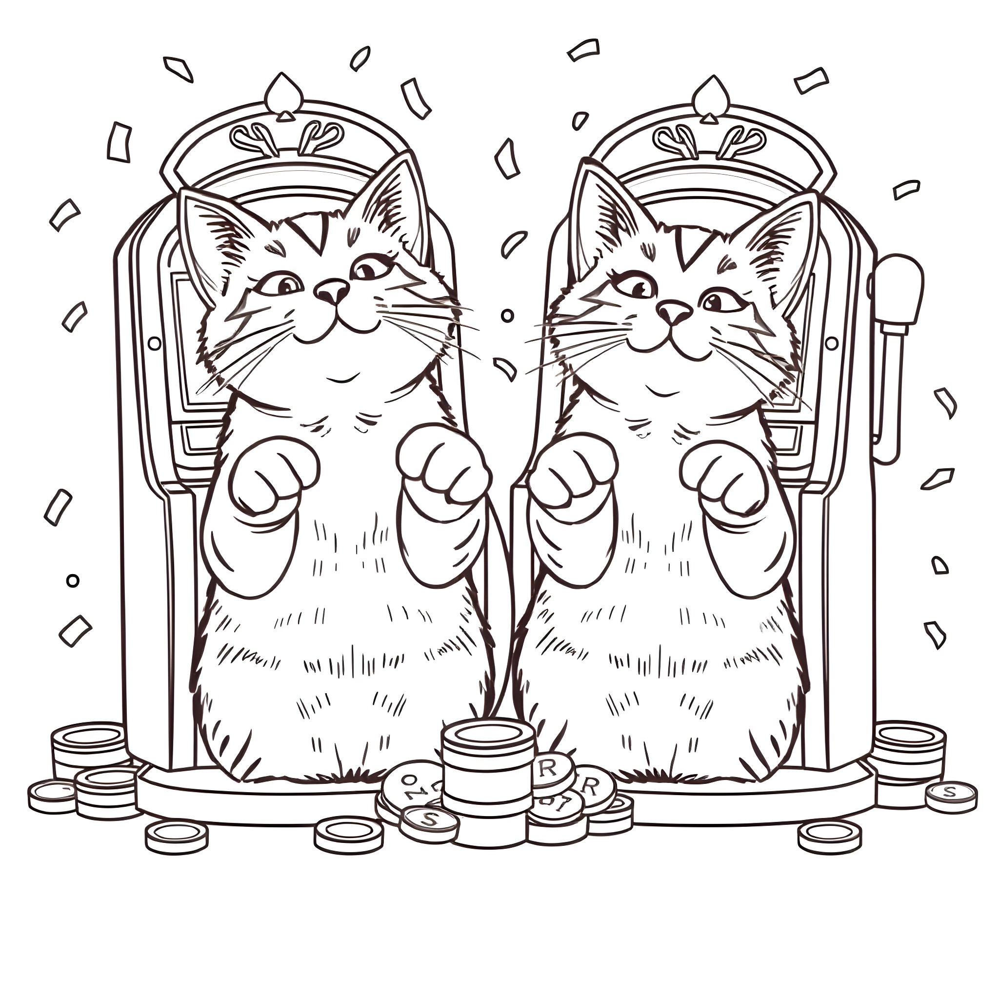 Cats excitedly enjoying their slot machine winnings Coloring Page (free black-and-white line drawing printable PDF for all, from beginners to advanced learners, including children, teens, adults, and seniors)