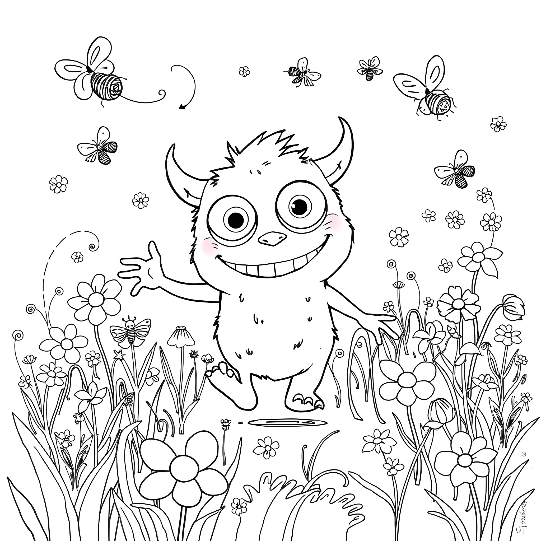 Monster exploring a colorful flower garden Coloring Page (free black-and-white line drawing printable PDF for all, from beginners to advanced learners, including children, teens, adults, and seniors)