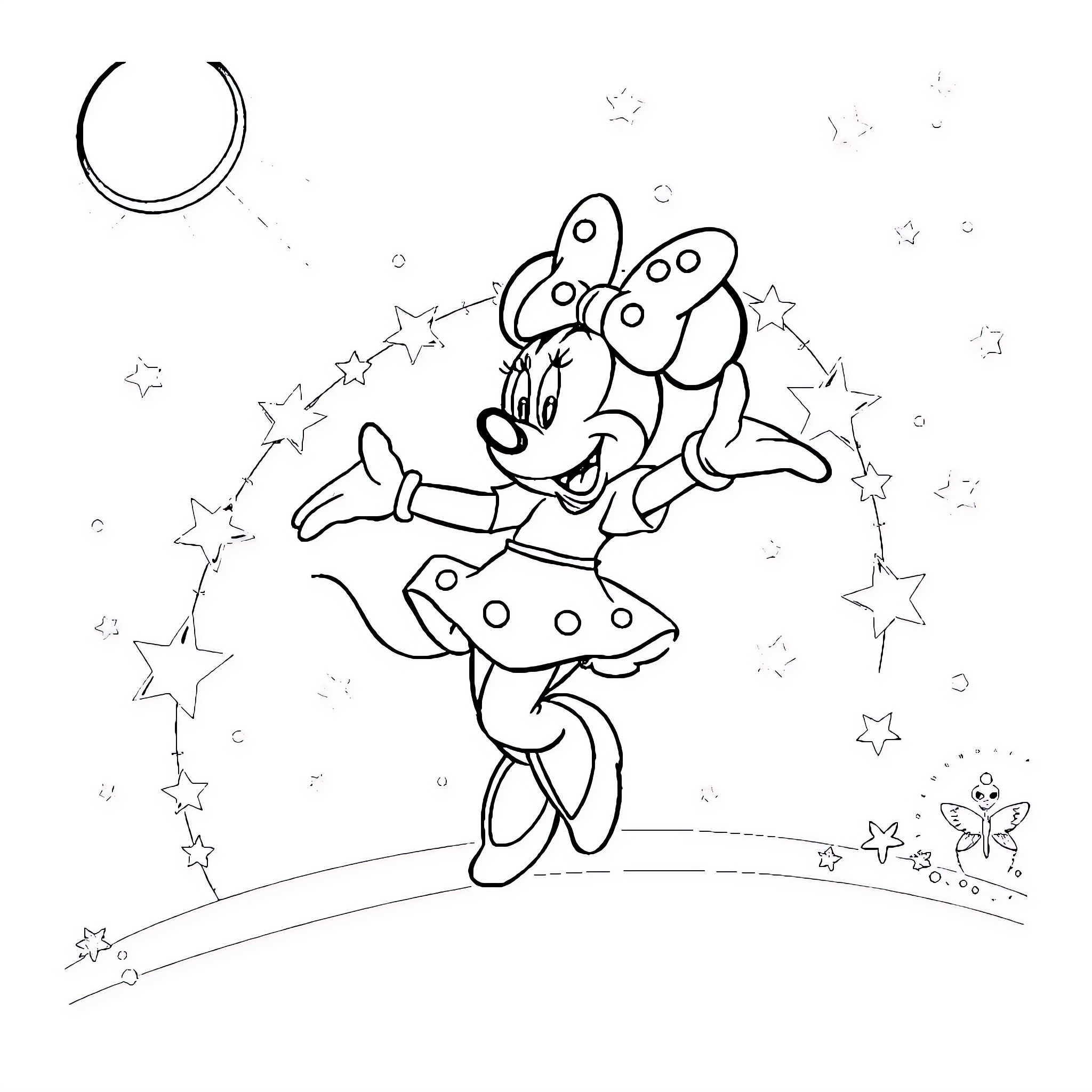Minnie dancing joyfully among the stars Coloring Page (free black-and-white line drawing printable PDF for all, from beginners to advanced learners, including children, teens, adults, and seniors)