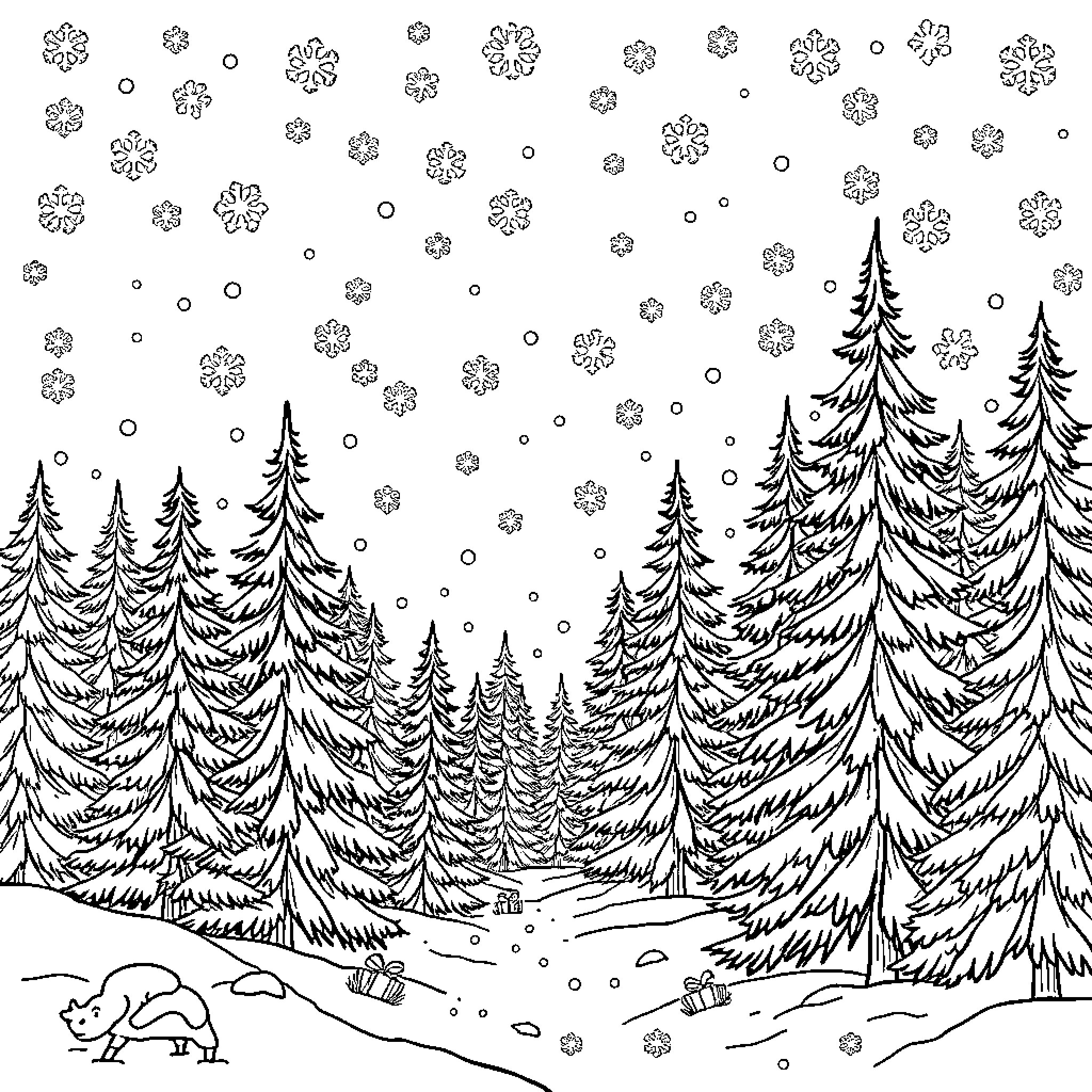 Winter Wonderland with Snowy Landscape and Evergreen Trees Coloring Page (free black-and-white line drawing printable PDF for all, from beginners to advanced learners, including children, teens, adults, and seniors)