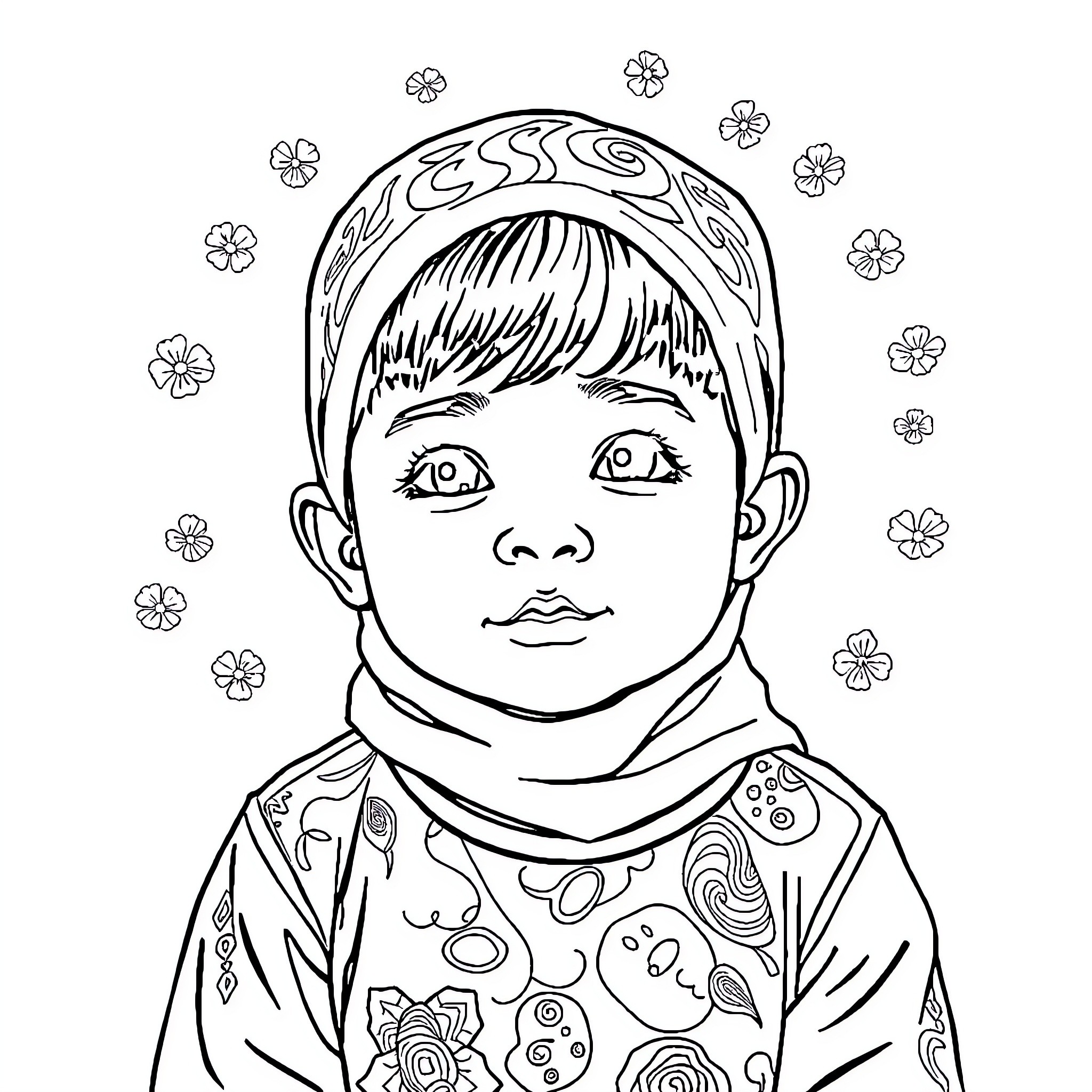 Anak in patterned outfit with floral headband Coloring Page (free black-and-white line drawing printable PDF for all, from beginners to advanced learners, including children, teens, adults, and seniors)