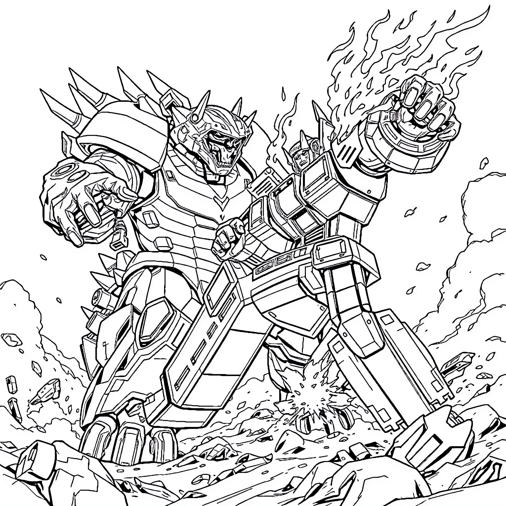 Monster mech warrior wreaking havoc on the battlefield Coloring Page (free black-and-white line drawing printable PDF for all, from beginners to advanced learners, including children, teens, adults, and seniors)
