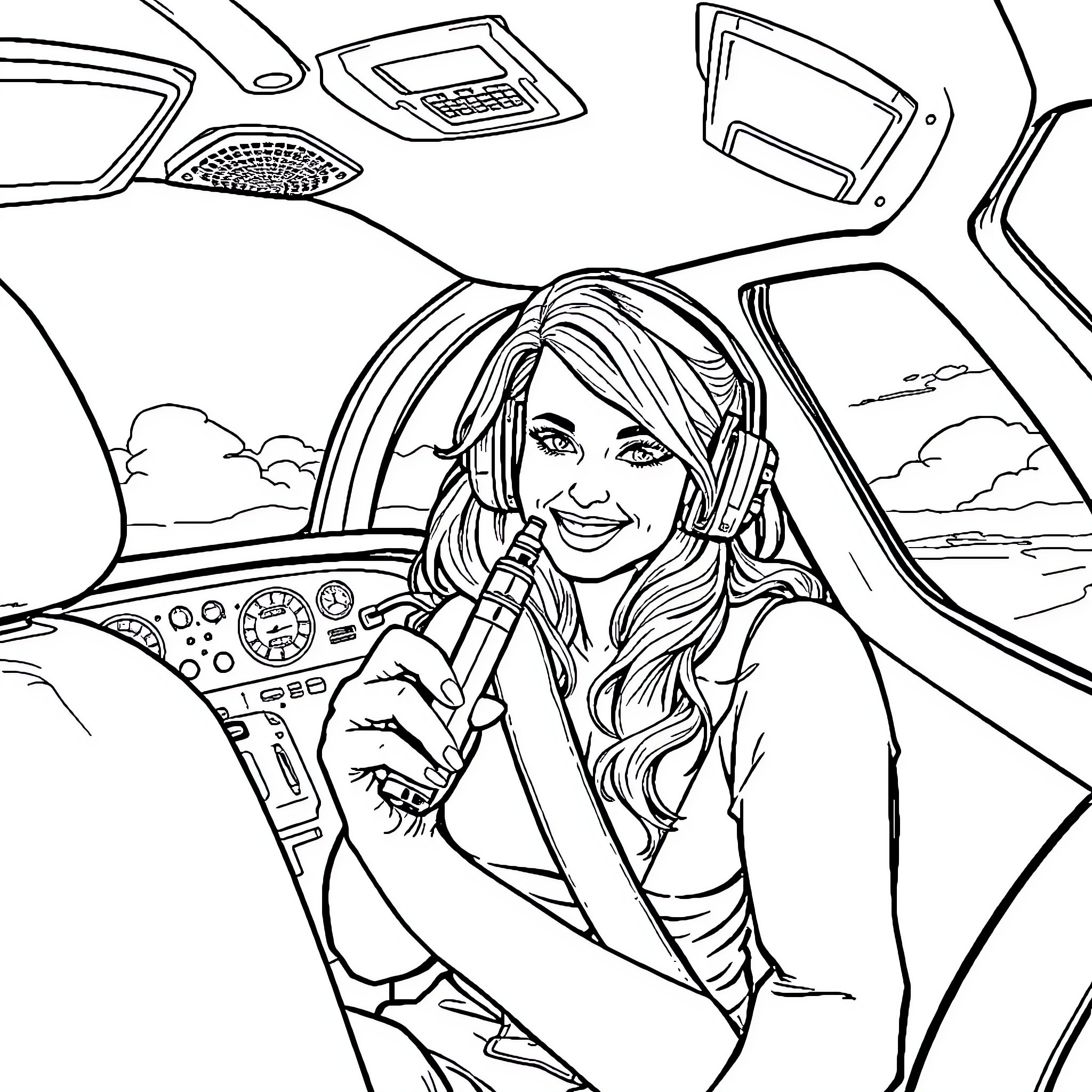Pilot Smiling and Steering Aircraft Controls Coloring Page (free black-and-white line drawing printable PDF for all, from beginners to advanced learners, including children, teens, adults, and seniors)