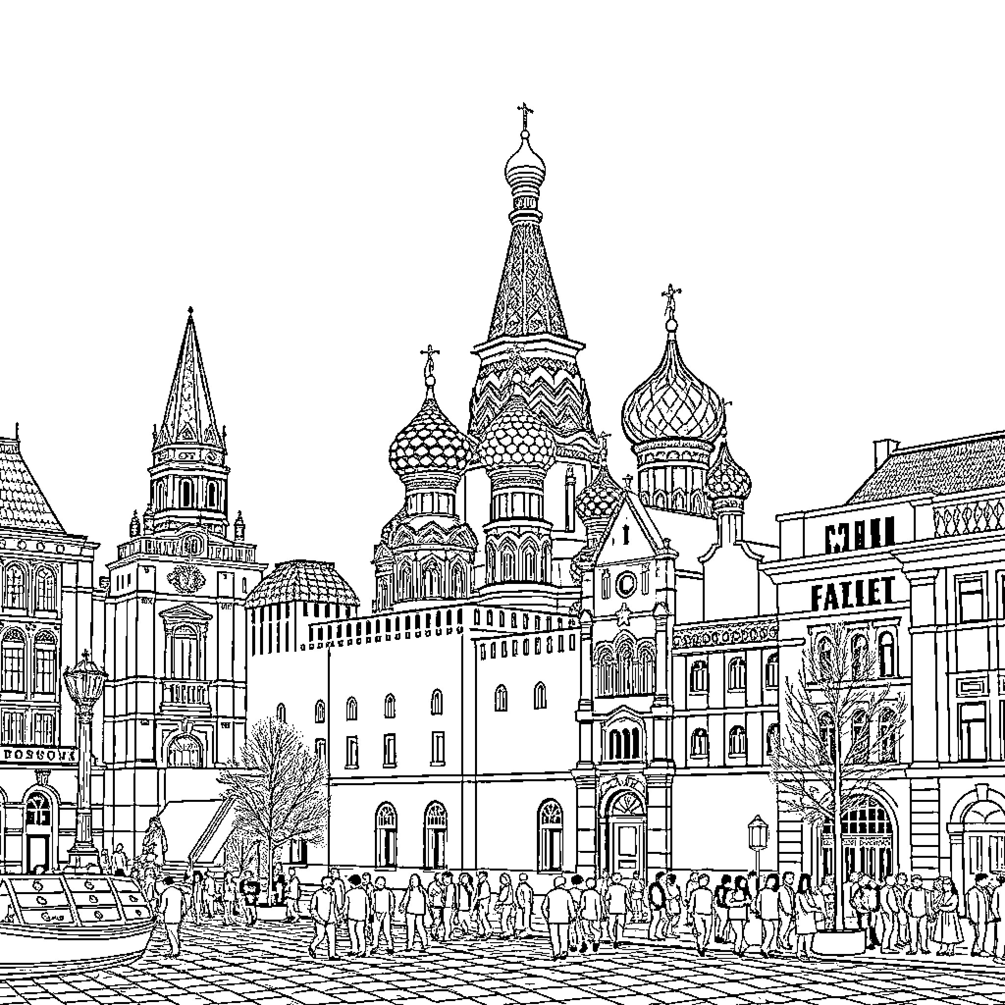 Moscow Architectural Wonders and Bustling Street Scene Coloring Page (free black-and-white line drawing printable PDF for all, from beginners to advanced learners, including children, teens, adults, and seniors)
