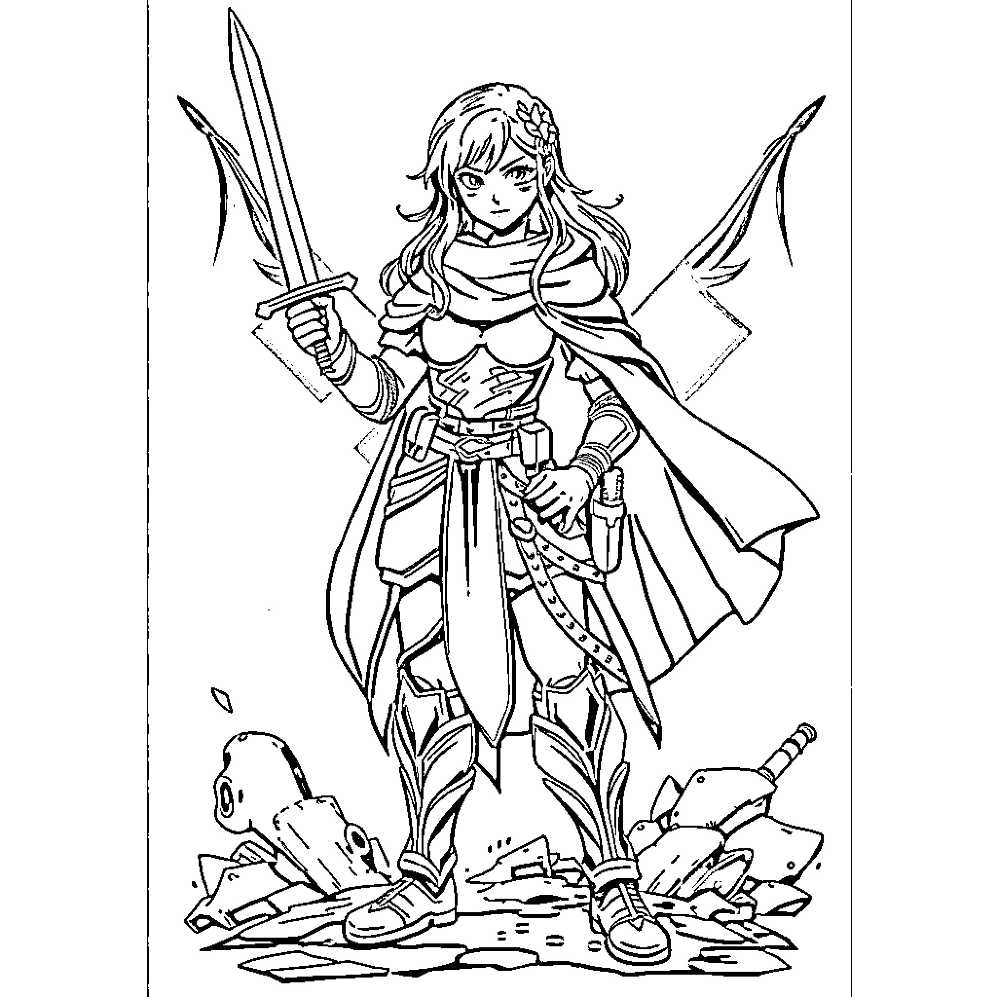 2B Armored Female Warrior Standing Amidst Destruction Coloring Page (free black-and-white line drawing printable PDF for all, from beginners to advanced learners, including children, teens, adults, and seniors)