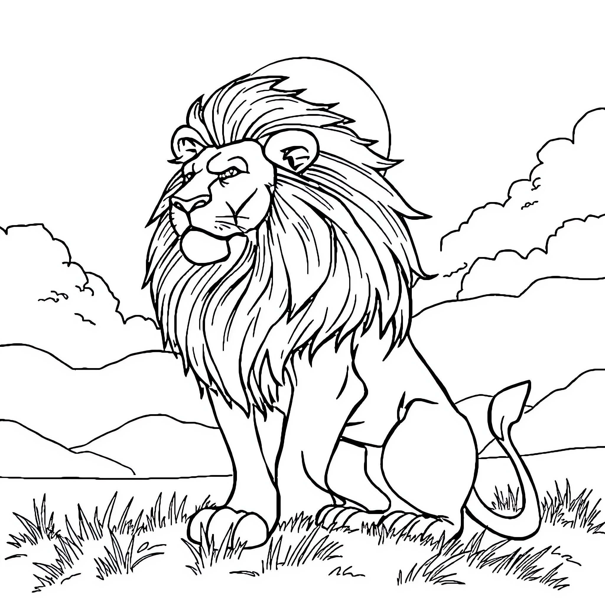 Escanor the Mighty Lion in Majestic Pose Coloring Page (free black-and-white line drawing printable PDF for all, from beginners to advanced learners, including children, teens, adults, and seniors)