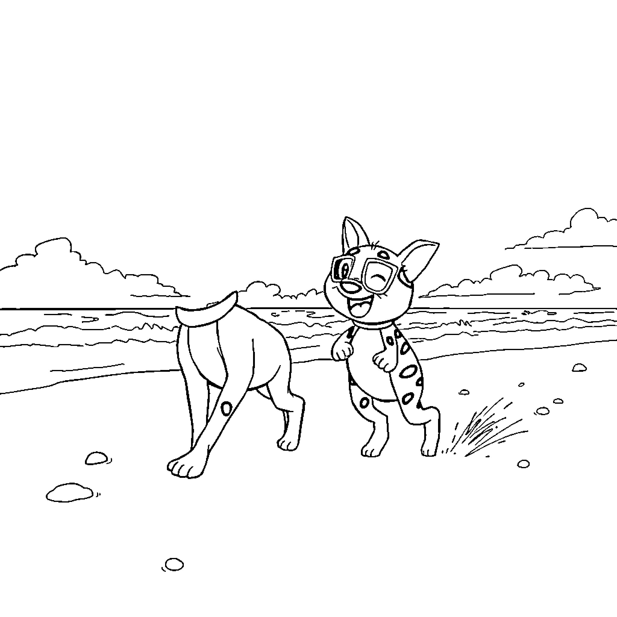 Paw Patrol dogs playing by the beach Coloring Page (free black-and-white line drawing printable PDF for all, from beginners to advanced learners, including children, teens, adults, and seniors)